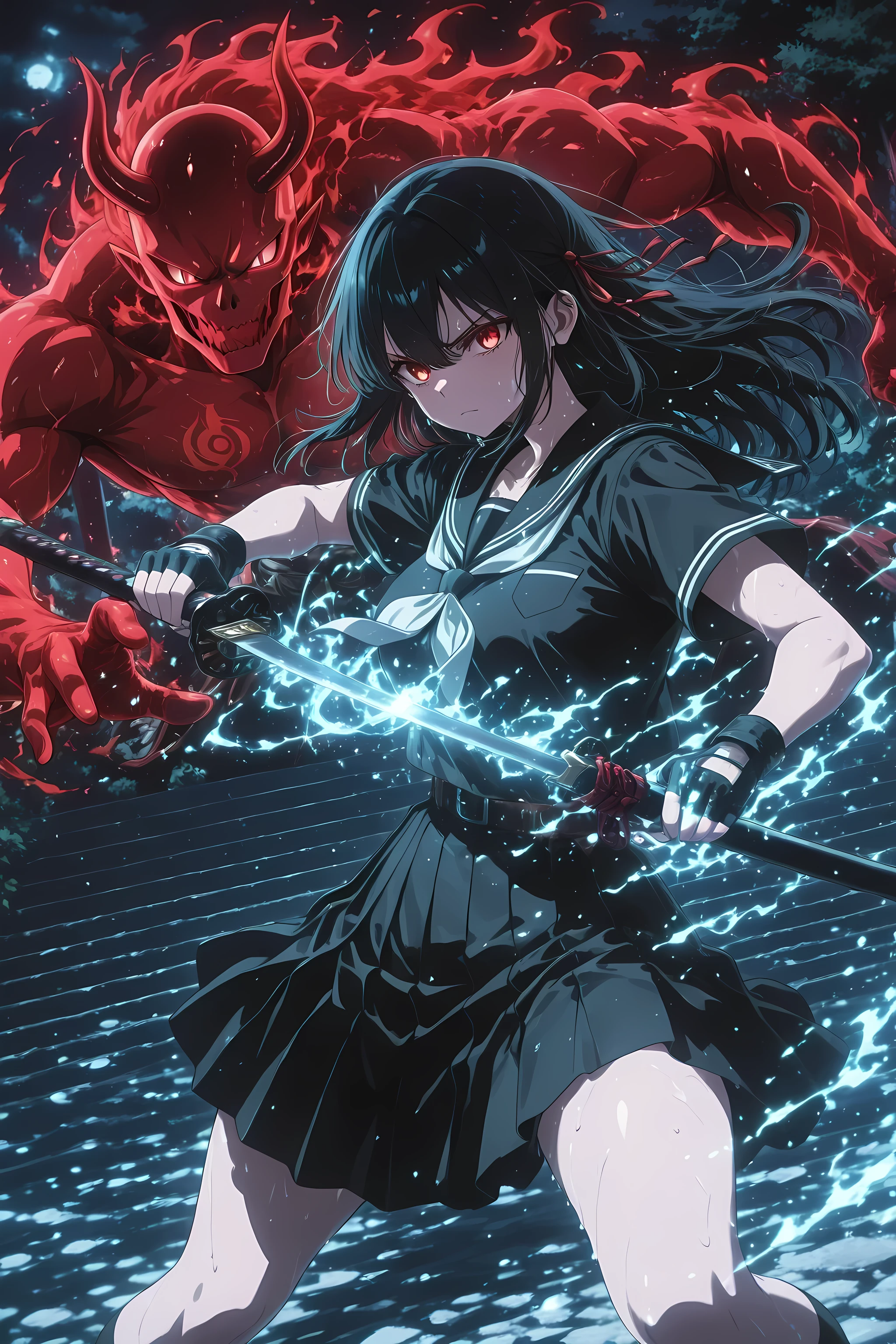 ,looking at another、Woman looking left、 looking at object、Woman looking at the red devil.　SHN journey,holding sword uning,Anime style illustration, fantasy.flat color tone, thick lines. A woman holding a sword  in her left hand and a sword with a spiritual aura in her right hand. The scene is about to pull the sword out of its .Demon,red evil spirit、red eyes
**"Night's Edge: Blade's First Gleam"**: In the dark of **night**, a **high school girl swordswoman** stands in a tense confrontation with an unseen evil spirit. The scene captures the exact moment of **drawing her katana**. Her **left hand firmly grips the scabbard**, while her **right hand holds the sword's hilt**, poised to strike. She wears a **black short-sleeve sailor uniform with red lines**, complemented by **fingerless gloves**. The **katana itself glows faintly with spiritual energy**, its ethereal light cutting through the darkness. Sweat beads on her brow, and her **stance is full of tension, lacking any composure**, reflecting the immediate danger. The composition is a **front view, active angle**, focusing intensely on her urgent action.

**Character Details:** *high school girl swordswoman, tense confrontation, sweat on brow, stance full of tension (lacking composure).*
**Clothing/Gear:** *black short-sleeve sailor uniform with red lines, fingerless gloves, katana (glowing faintly with spiritual energy), katana scabbard.*
**Action & Setting:** *drawing katana, left hand firmly grips scabbard, right hand holds sword's hilt, poised to strike, dark of night, unseen evil spirit.*
**Camera:** *Front view, active angle (focus on urgent action).*