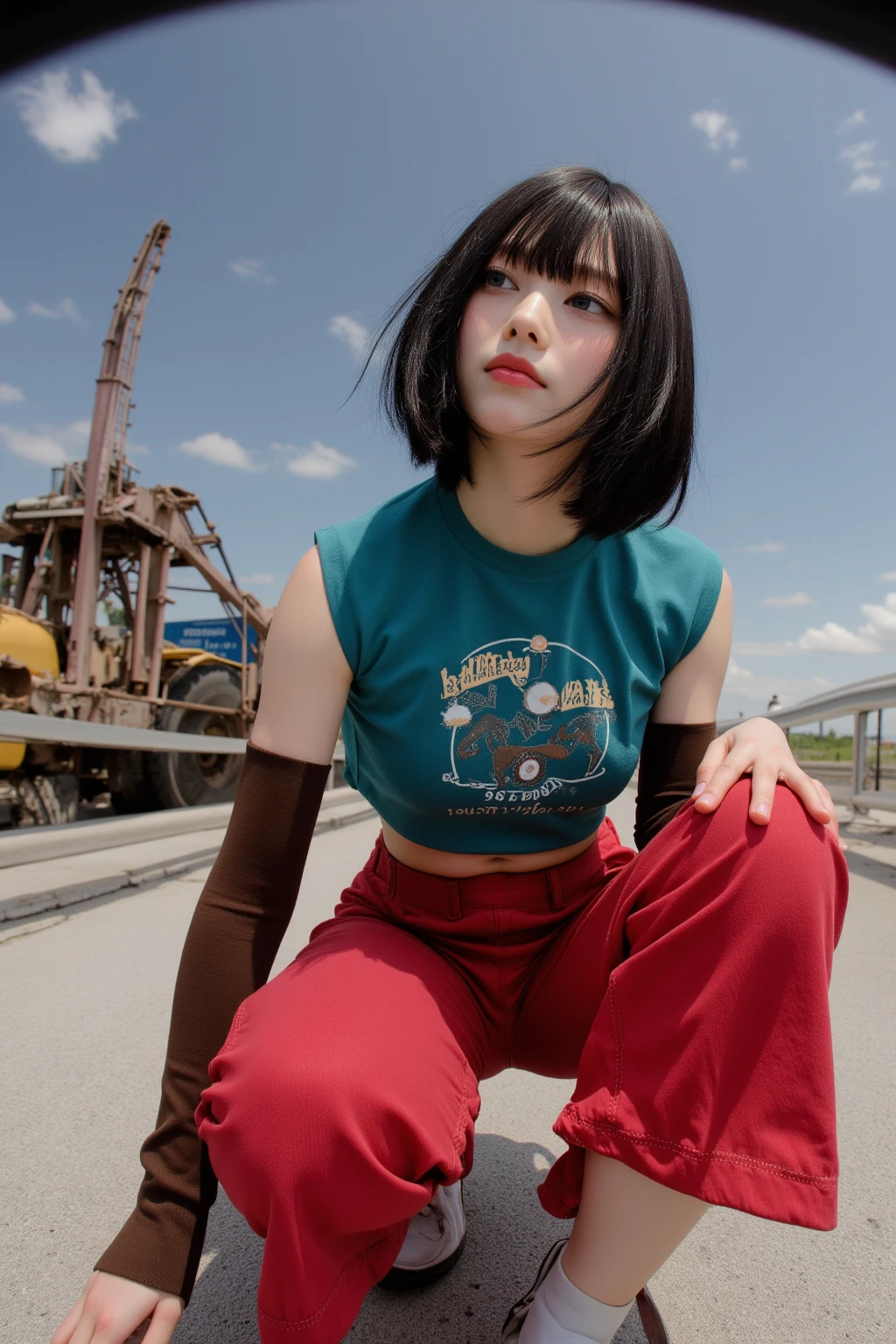 Beautiful girl standing in front of an oil tank truck、(sixteen years old)、summer clothing、short-hair、japanes、Doya face、Half Cargo Pants、tall、