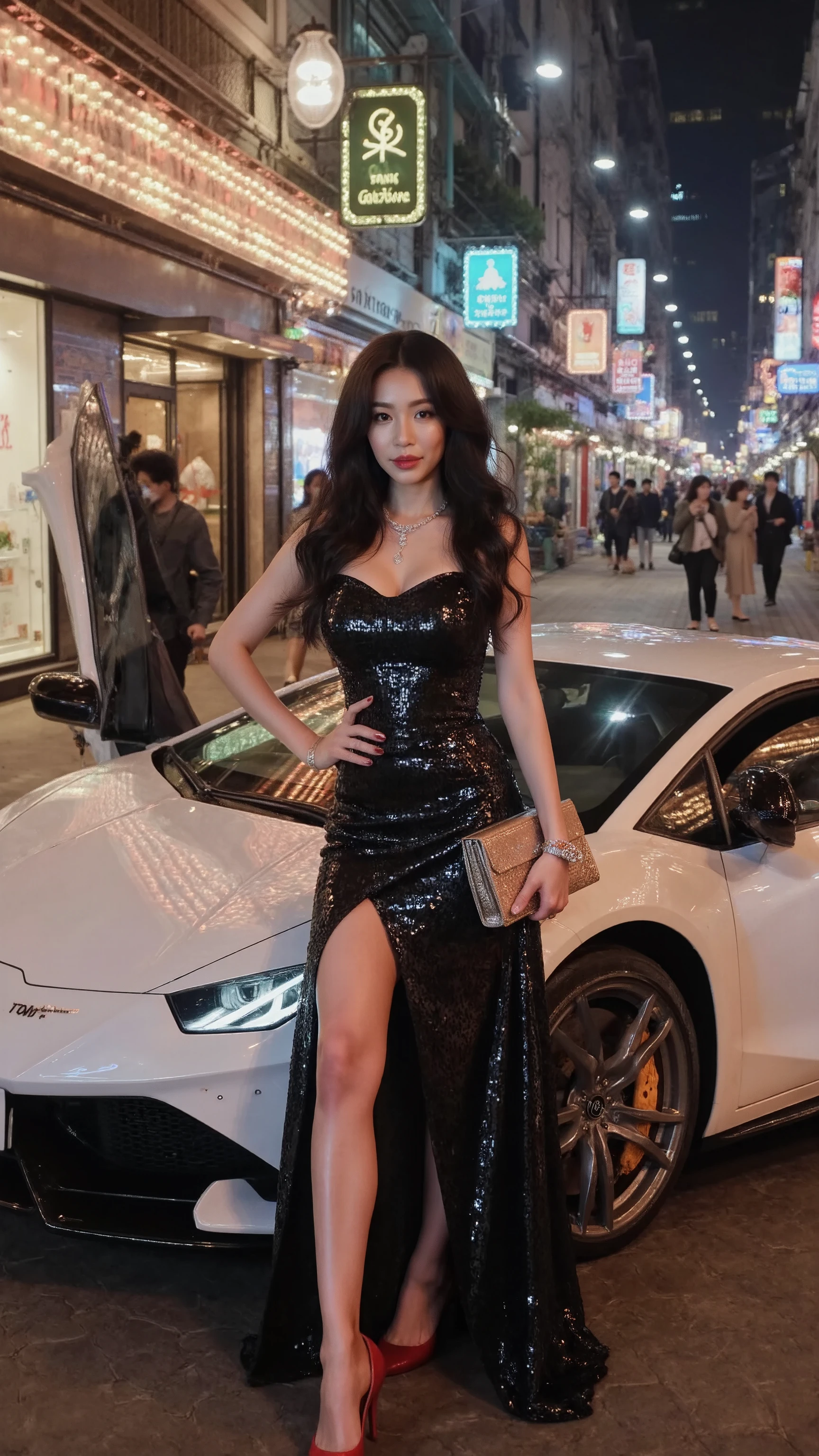 Full body portrait of a luxurious Asian female model standing in front of a pearl white Lamborghini Aventador supercar, in a vibrant night street scene. Wide angle camera from the front, chest-length , distance 3 meters. Character detail:
- Confident pose, one arm against the hip
- Slightly tilted head 15 degrees, seductive gaze
- The other hand is placed lightly on the car bonnet
- Left leg upright, slightly cropped right leg Apparel and accessories:
- Black dress hugs sparkling sequin body, thigh-high slit
- 12cm red soled heels
- Metallic YSL clutch
- Rose gold Cartier watch
- Long black hair curled with fluffy curls
- Delicate Diamond Jewelry Lamborghini Car Details:
- Aventador LP700-4 pearl white
- Bird wing door open on one side
- 21-inch multi-spoke forged chuck
- Bright matrix LED
- Shiny chrome edging glass Night street background:
- Luxury Avenue with premium brands
- Multicolored neon lights from stores
- Warm yellow street lights
- Shimmering high-rise buildings
- The flow of vehicles back and forth creates a bright streak
- Passers-by create a bustling atmosphere Light effect:
- Neon reflection on the body
- Sparkles from sequins on the skirt
- Bokeh car lights and street lights
- Natural highlights on the hair
- Soft shadows under the feet Special detail:
- Fog smoke from the car exhaust
- Image mirroring on glossy body
- Light through the glass door of the building
- Luxurious atmosphere, level