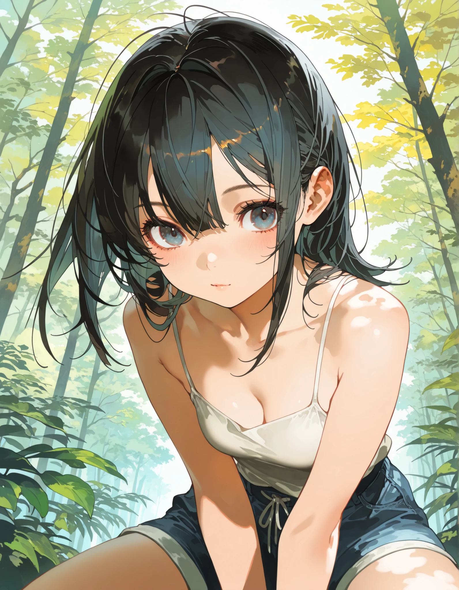 beach、School swimsuit、Sunburn、Tan Skin、Embarrassed、1 girl、Navy blue school swimwear、blunt bangs、Black Hair、super fine illustration,(((beautiful fine hair))),(((beautiful fine face))),(((beautiful fine background))),Midsummer、beachBlack Hair、blunt bangs、Cross-eyed