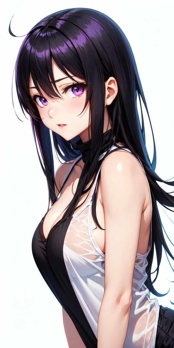(A superb exquisite Chitanda Eru), (mature face), ((white background, half body)), purple eyes, long black hair, natural straight hair, straight bangs, solo, [Small_breasts: large_breasts: 0.5], normal breasts, ((looking back over shoulder, lingerie)), extremely delicate, peerless beautiful girl, dreamy quality, exaggerated facial features, solid color, delicate face, bright lips, slender waist, straight curves, soft lights and shadows, super fine, 8K HD, (masterpiece:1.4), (finely detailed beautiful eyes: 1.2)