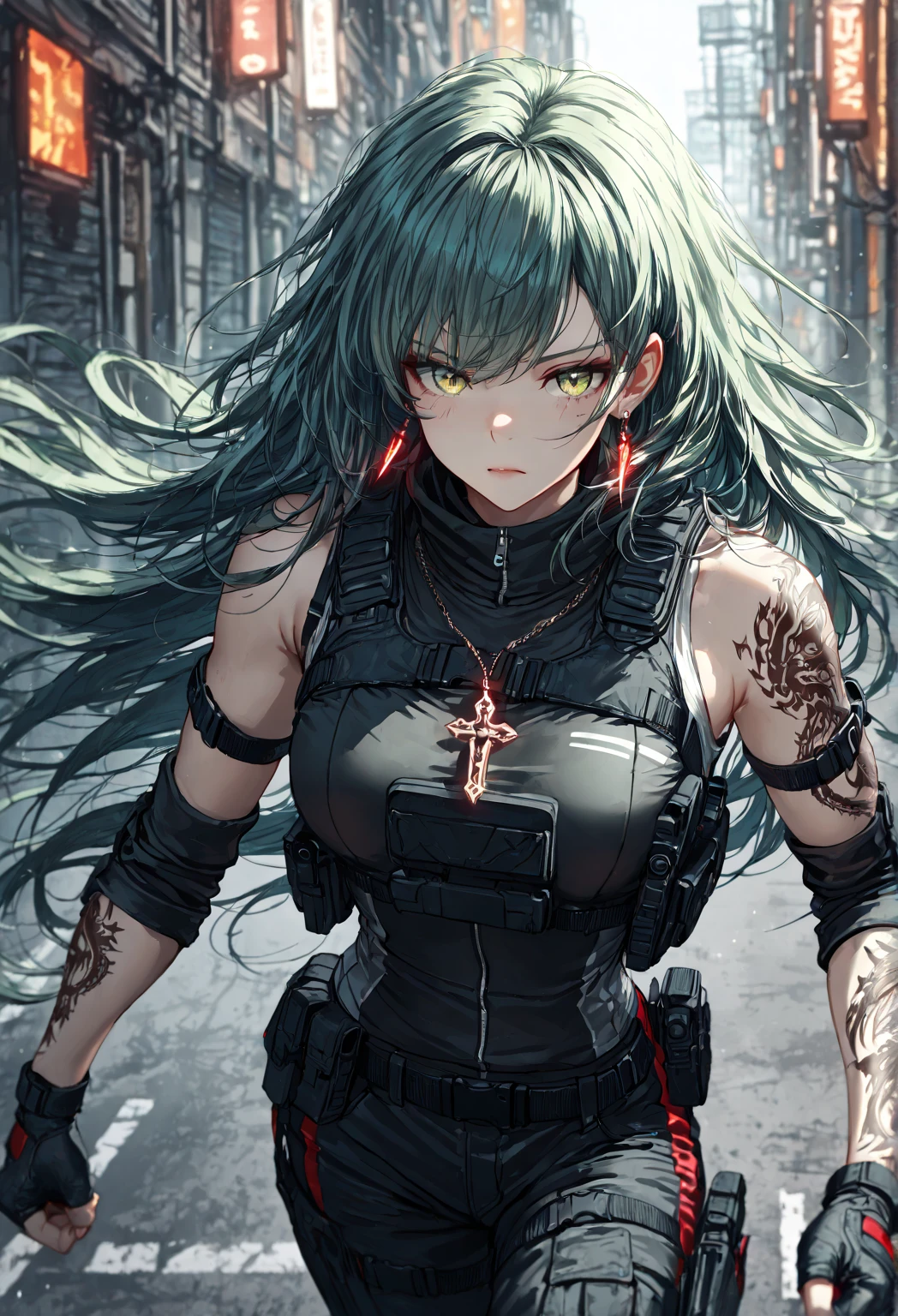 An enchanting yet tough anime heroine with long, windswept green hair leaps through a maelstrom of broken dreams and digital artifacts. Her red, battle-worn outfit flutters dramatically as she reaches for a shimmering gold coin. The backdrop is a moody teal, streaked with harsh rain and flying debris. Fractured cryptocurrency symbols and jagged stone shards create a treacherous landscape beneath her. 'No-Coin No-Gain' blazes in 3D golden text above the chaos. The art style is a fusion of manga intensity and dystopian realism, with exaggerated action and intricate details. Subtle skull shapes in the wreckage add an ominous undertone to this high-stakes digital arena.