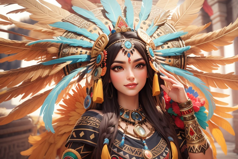 (((1girl))), tan skin, macaw blue parrot feather, solo, fire, black hair, macaw blue parrot feather hair ornament, honey eyes, looking at viewer, macaw feathers, hair flower, feathers background, portrait, red macaw parrot feather, makeup, ((extraordinary background of feathers)), red lips, parted lips, lips, macaw yellow parrot feather, detailed skin, finely detailed, Extreme tanned skin, extreme long black straight hair messes over naked breast, huge macaw blue parrot feather headdress, big cheeks, long legs, curvy, indigenous yellow and green breast painting, breast painted blue and yellow, indigenous yellow and green facial painting, huge macaw blue parrot feather necklace, honey eyes,, ue 5, a computer rendering, octane render, (8k, RAW photo, best quality, masterpiece),(realistic, photo-realistic:1.37), ultra high res, ultra-detailed, (RAW photo, best quality), (realistic, photo fidelity: 1)