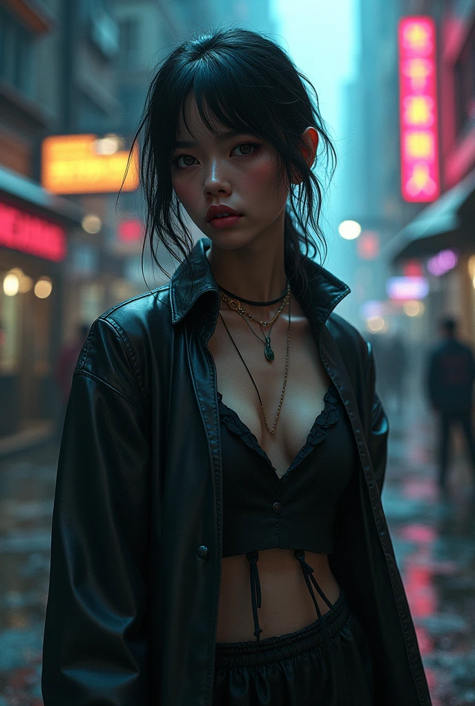Night time, darkness, Lighting from windows, ray-traced lighting, warm glow. 
masterpiece, 1 female，13 years old, Raw photo，Photorealism，High resolution，Best Quality，High Definition, Perfect composition, 
Perfect face, Perfect body, 32K，
Cinematic lighting，metal bikini, jacket open, large spaced fishnets, naked chest, Real Girl，short dark hair，ruined city background, messy hair, 
seductive, lust, lit from the building lights, glow side, stunning, cold blue light, lens flare, light artifacts
