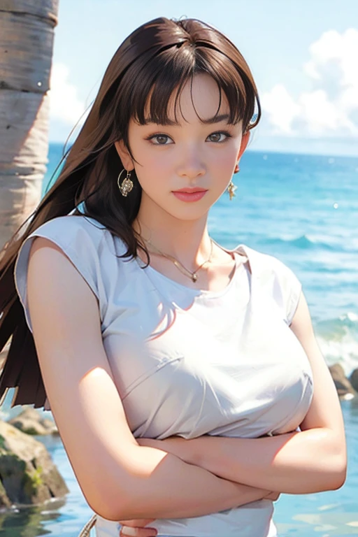 (masterpiece, best quality, high resolution, ultra-detailed, 8K, 4K), art book, 1 girl, alone, blushed face, Plump big breast, detailed eyes, detailed lips, beautiful face, bob hair, earrings, colourful micro bikini, brack backpack, summit of Mount Everest, outdoor, mountain area, (Japanese idle:1.6), cowboy shot, 