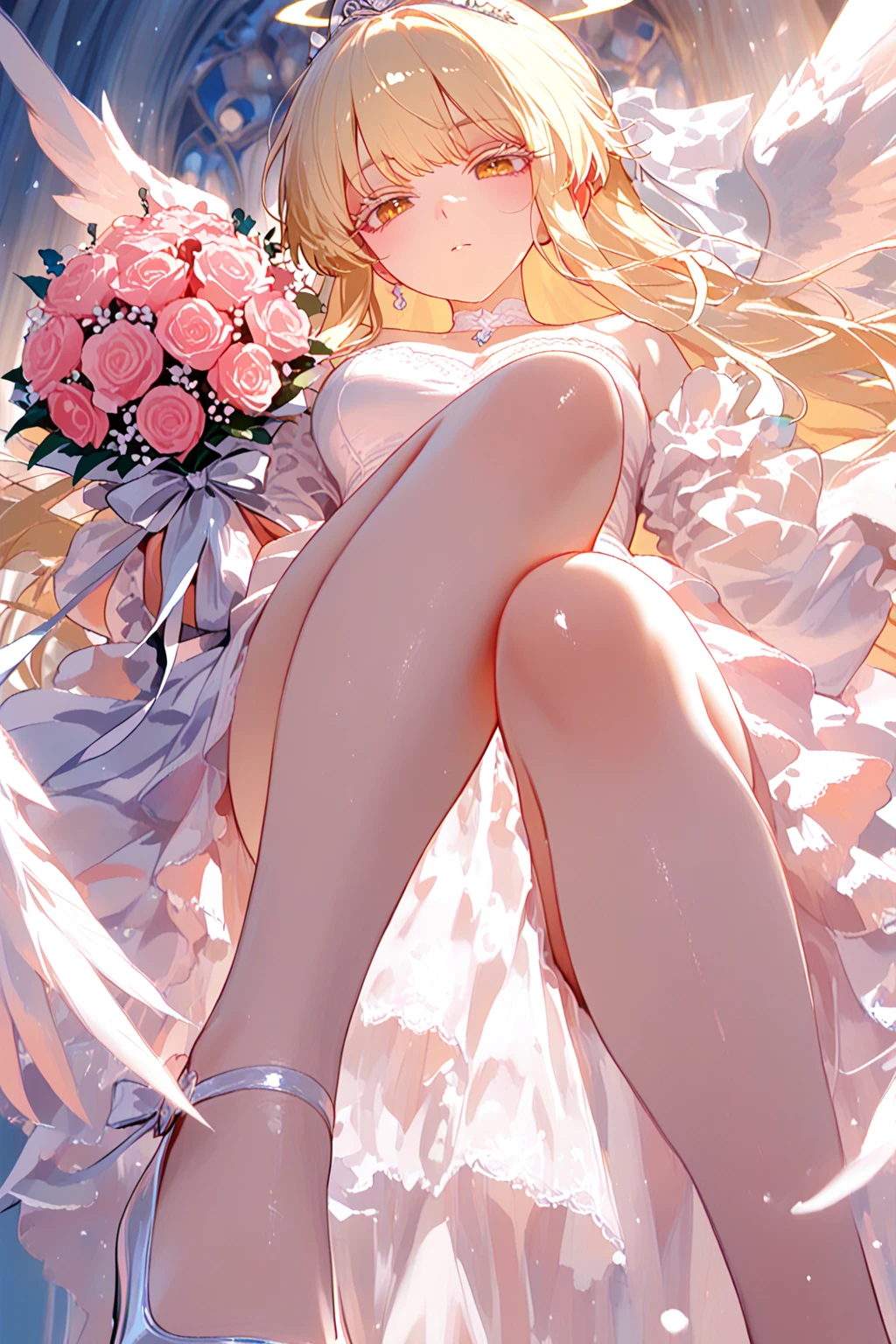 lexington \(warship girls r\),(masterpiece:1.2, top-quality, ultra high res, ultra detailed), (realistic, photorealistic:1.4), beautiful illustration, (natural side lighting, movie lighting), depth of fields, looking at viewer, bust photo, 1 girl, 16 years old, perfect face, (perfect ???????), cute and symmetrical face, baby face, shiny skin, (long hair:1.5, half updo:1.5, Flaxen long hair), blue eyes, hair between eyes, pink lips, long eye lasher, (large breasts:1.3), beautiful hair, beautiful face, beautiful detailed eyes, beautiful clavicle, beautiful body, beautiful chest, beautiful thigh, beautiful legs, beautiful fingers, detailed cloth texture, wedding princess dress, head flower, headdress, (bandeau wedding dress:1.5), (silk dress:1.2), (strapless wedding dress:1.5), plain white dress, necklace, earring, cleavage, bouquet, (lace gloves:1.2), (bridal veil:1.2),(short transparent veil:1.2), (beautiful scenery), evening, (flower garden, cherry blossom, outside church) standing, (happy smile, blush),