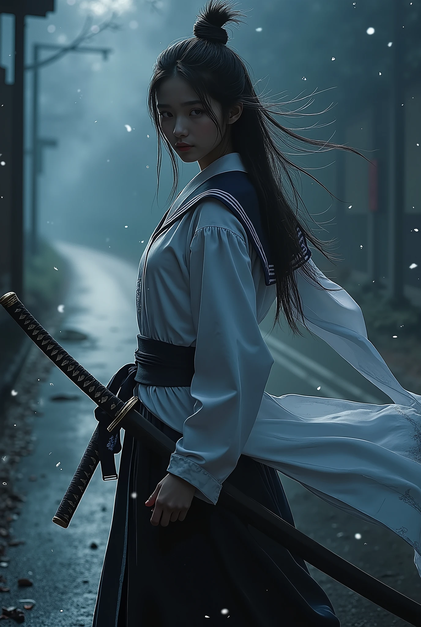 Realistic image、realistic photo style、realistic skin texture、A High School Girl Who Traveled Back in Time to the Edo Period、Wear it over a brave sailor suit、Staring in the form of a swordsman、Realistic image、Images that make you feel the story、Night Road、Hold up a sword and your uniform skirt flutters in the wind、Impressive、spirit、emotional images、snow