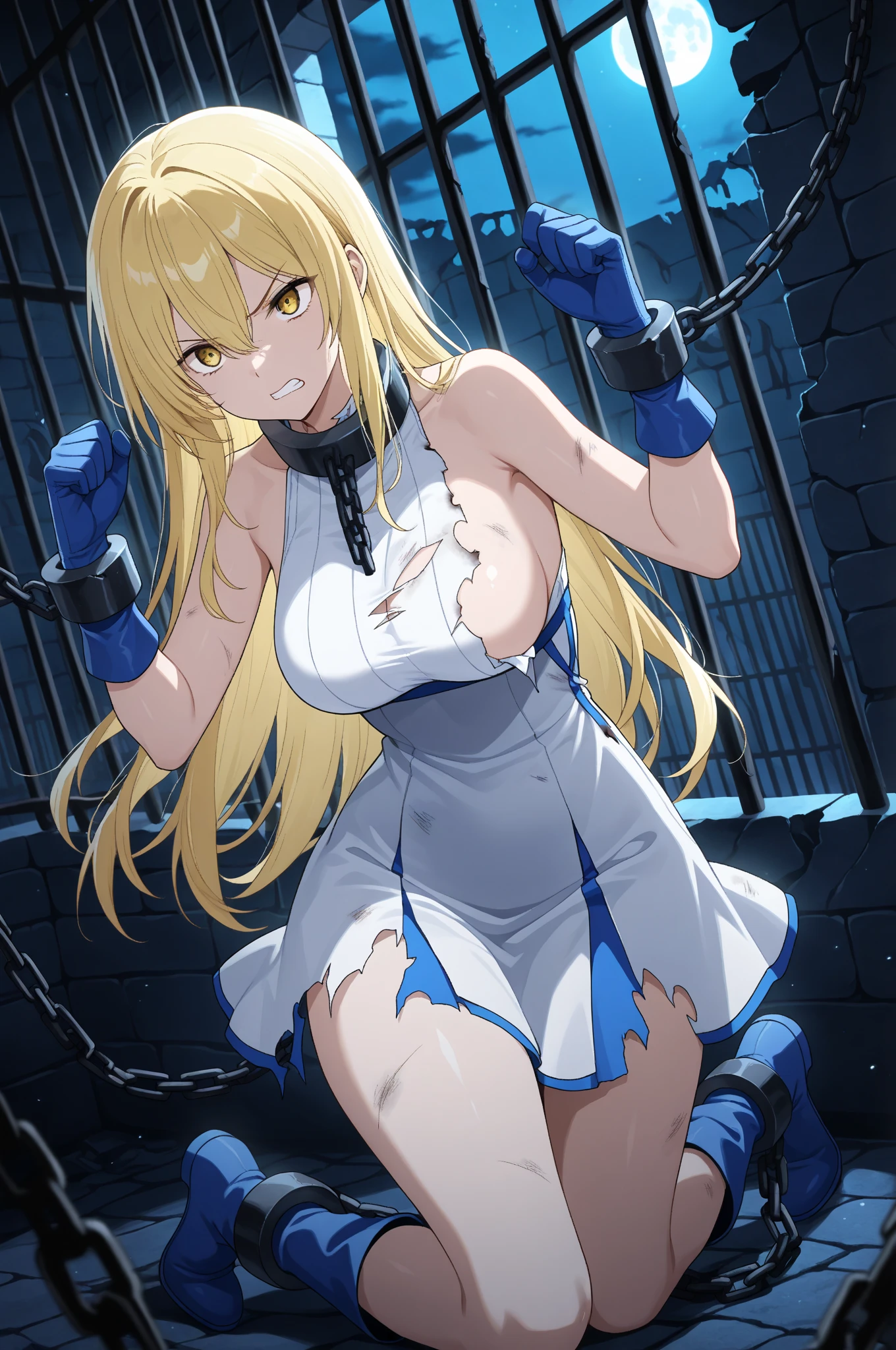 (Best Quality, masutepiece), 1girl in, Lucy Heartphilia, blonde hair, length hair, large full breasts, white shirt, Sleeveless, a belt, a blue skirt,Wearing sweat、(opened breast:1.1), agony、(((Tears flow, Crying in frustration)), (BDSM), contempt, muscle, large boob,lotion, 独奏、Spread your legs、Crab crotch、Lusting、hard breathing、Sex Expressions、a large amount of cloudy liquid drips from the genitals、(((masturbation、plunging the vibrator into the genitals yourself)))srestrained, ((straddling the iron bar)),(tied perfectly by chain), Restraint, Slave, collars, contempt, (Chained), ((Chains digging into the crotch)), Squirting, Breast milk, Lusting、hard breathing、Sex Expressions、a large amount of cloudy liquid drips from the genitals、Drill Vibe、The machine is violently moving the genitals in and out、the presence of vibrators on the genitals,,,Drill Vibe Machine