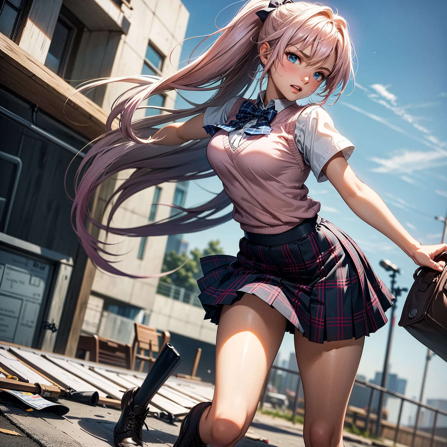 highest quality, 32k, Raw photo, incredibly absurd, very detailed, beautiful 18 year old woman, Iridescent light blue ponytail, shining blue eyes, lewd and obscene expressions, Happy, shy, (wearing high , navy blazer, white shirt, red tie, brown plaid mini skirt, Brown socks), Best body shape, Background of the school route at dusk ((White thong panties are visible)) (((From the back)))
