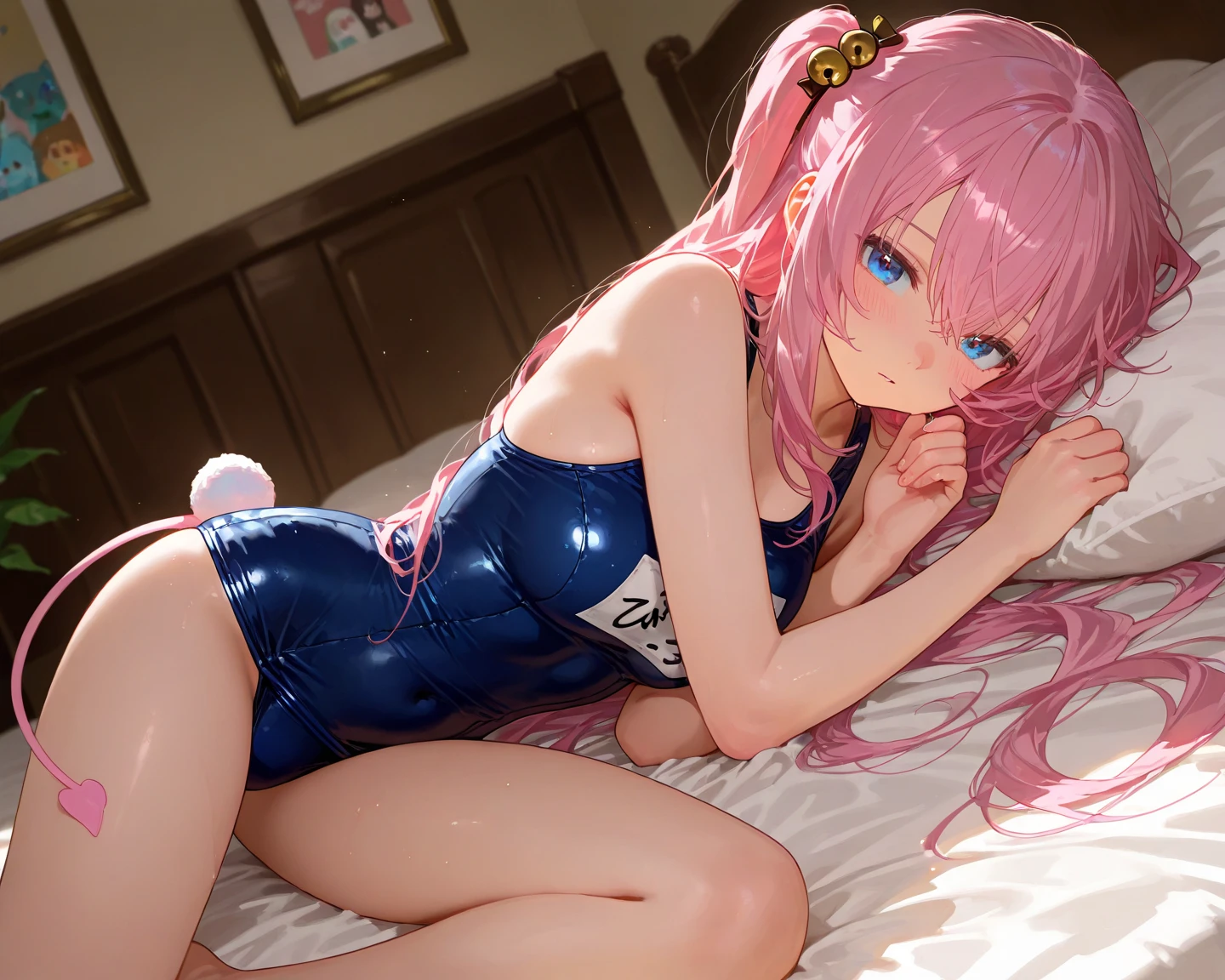 Light blue tights、Pink leotard、Sex worker、Nasty smile、Lie down with your legs open、a bed、Nipple emphasis、crotch accentuation、