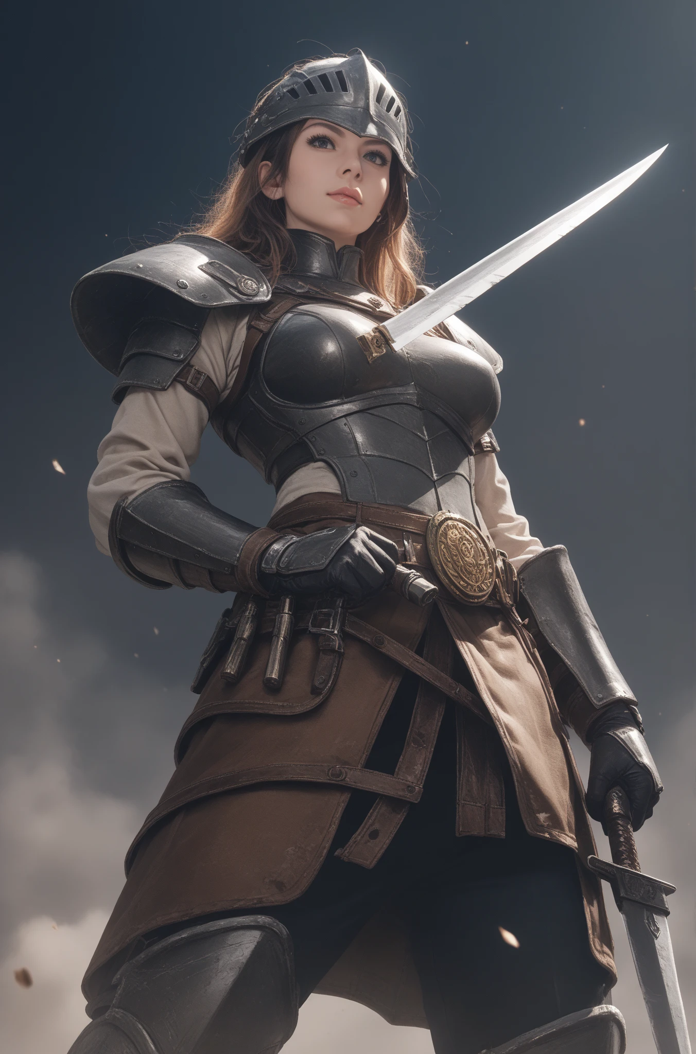 8K,Sword wound on the faceがある女剣士,Super Beauty(Like the real thing),Carrying a large, long sword,Brown leather armor,Brown leather gauntlets,Brown leather leggings,Tattered Cape,walking in a wilderness,Perfect Anatomy,charm,Volume measurement,Body balance,Digital single-lens reflex camera, Soft lighting, Detailed Background, Written boundary depth, Volumetric lighting, Sharp focus, Absurd, Realistic proportions, Excellent anatomy, (Realistic, 超Realistic:1.4), 16K HDR, dawn,A High Resolution,super Realistic 肌,Super beautiful expression,Fantasy art,Character Art,Wind effects:1.9、Cloud Effect:1.2、Full Rendering、Professional quality high resolution、Perfect contrast、Perfect lighting、Perfect composition、Perfect Skin、Perfect Fingers、Perfect breasts、Perfect Hair、Perfect Face、Realistic facial features,super highest quality,Slim figure,Perfect body line,Perfect hand shape,Anatomical body balance,Highly detailed face,Highly detailed eyes,Beautiful Lips,Excellent light particles,Cinema Lighting,Makeup,Ultra-high resolution,Ultra-Realistic Skin,A strong and well-trained body,Blonde short hair,Brown combat trousers,Sword wound on the face,Bird feather hair ornament,Flashy action pose,Stern expression,Jump up,Have,