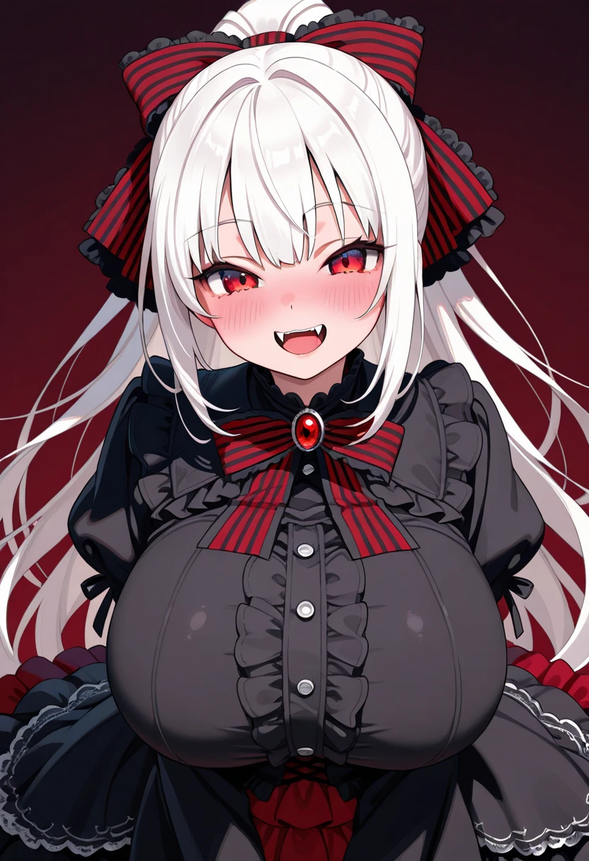 sakamata chloe, sakamata chloe (jirai kei), 1girl, bandaid, bandaid hair ornament, bare shoulders, black bow, black coat, black hair, blush, bow, breasts, cleavage cutout, clothing cutout, coat, dress, drill hair, fang, frilled dress, frills, grabbing own breast, grey hair, hair bow, hair ornament, medium breasts, long hair, looking at viewer, multicolored hair, official alternate costume, red coat, red eyes, skin fang, sleeveless, sleeveless dress, twin drills, two-sided coat, two-sided fabric, x hair ornament, wink