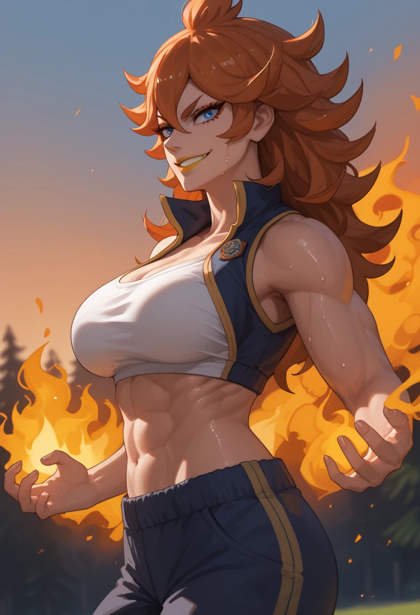 Processus, cheveux orange, grosse poitrine, cheveux longs, cheveux vivants, , seul,, Muscular girl, Grande femelle, sourire, full body, pants, vest, berserker, warrior, revealing cloths, amazone, tribal clothing