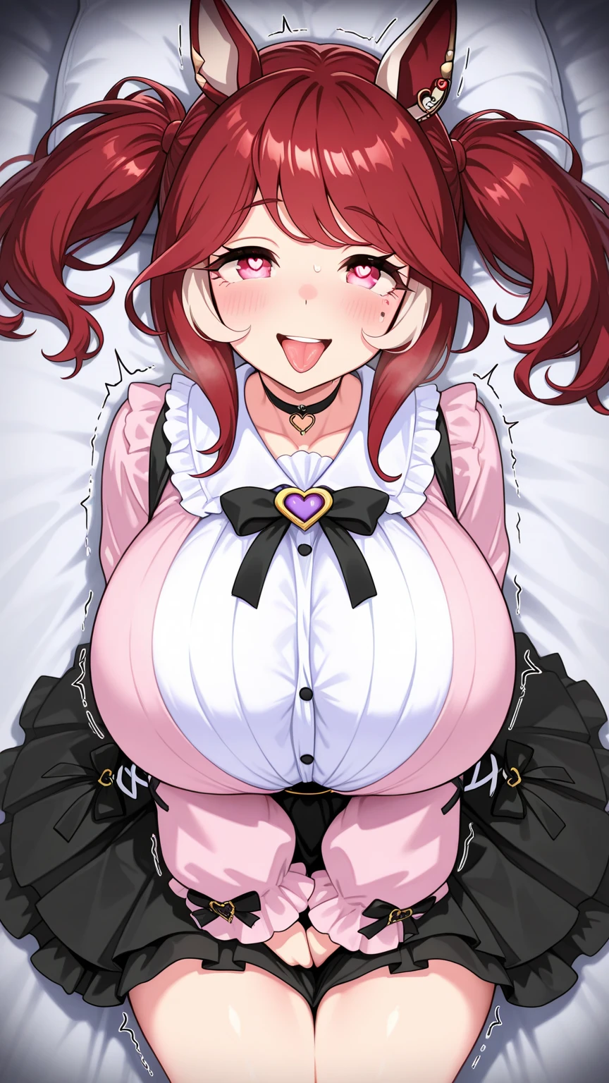 Browsing Caution,Sweat,white breath,Large areola,White steam,Front view,Heart Eyes,((Young)),Houshou Marine,Twin tails,(Shake your body),Reverse Bunny Suit,Voyeur of cleavage,(((((Big Breasts))))),pubic hair,sit,Spread your legs,(Love juice)A view from above