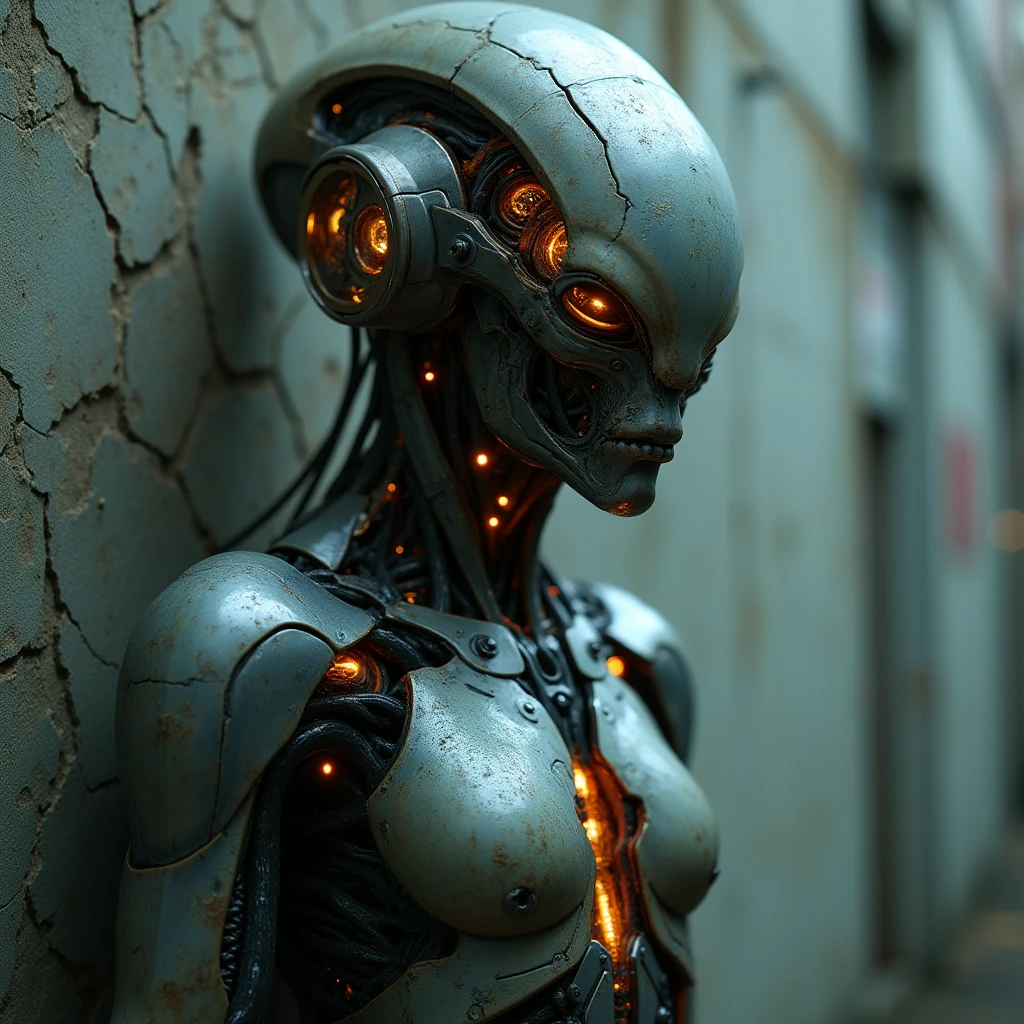 close-up shot of a creepy scary alien creature, intricate details, circuits, wires, cables, pipes, insanely detailed, extremely detailed, dim lighting, bloom glow, cluttered workshop background
