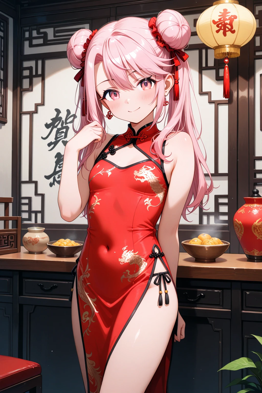 Pink Hair、Pink Eyes、girl、Small breasts、Hair Bun、girl、Small breasts、Lolita、Bright smile、Looks about 15 years old、Petan Musume、short、目のhighlight、Sexy thighs、Wearing china clothes、Chinese restaurant、Your eyes are so beautiful、highlight