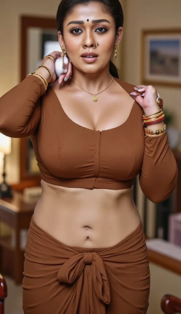 Indonesian woman, thick body, cold atmosphere , thick cheeks , full body , random pose, wavy short hair , thick hips, 40 years old , slightly fat arms , slightly fat belly , thick thighs pants, wearing bracelet ,wearing huge diamond necklace , watch , hena art on her skin,