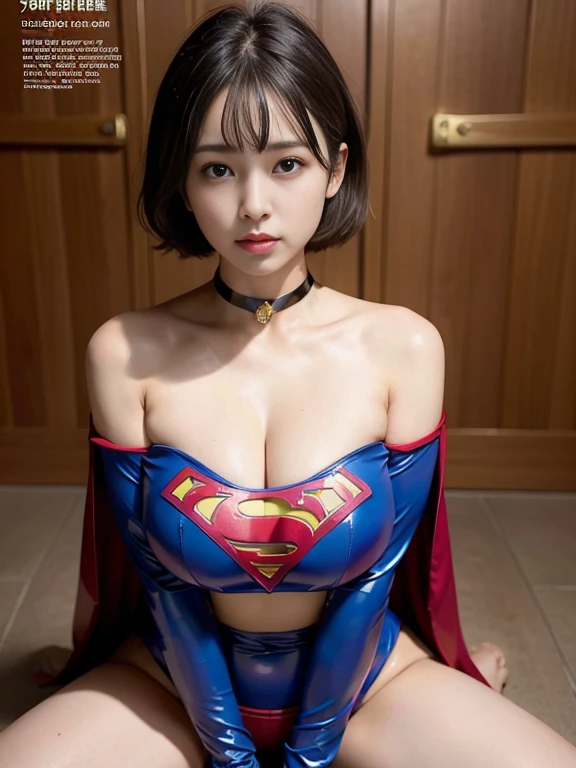 masterpiece、Enamel Supergirl Costume、Short Hair、Hospital operating table、Crisis situation、Big and ample breasts、looking at the camera、Shiny、Off the shoulder、choker、Long sleeve、exy poses to seduce、Sweaty skin、Model Body Type、Alluring、charm、Enchanting、Abused、test subject、victim、Wild、Photorealistic、latex、High leg、Sitting pose、
