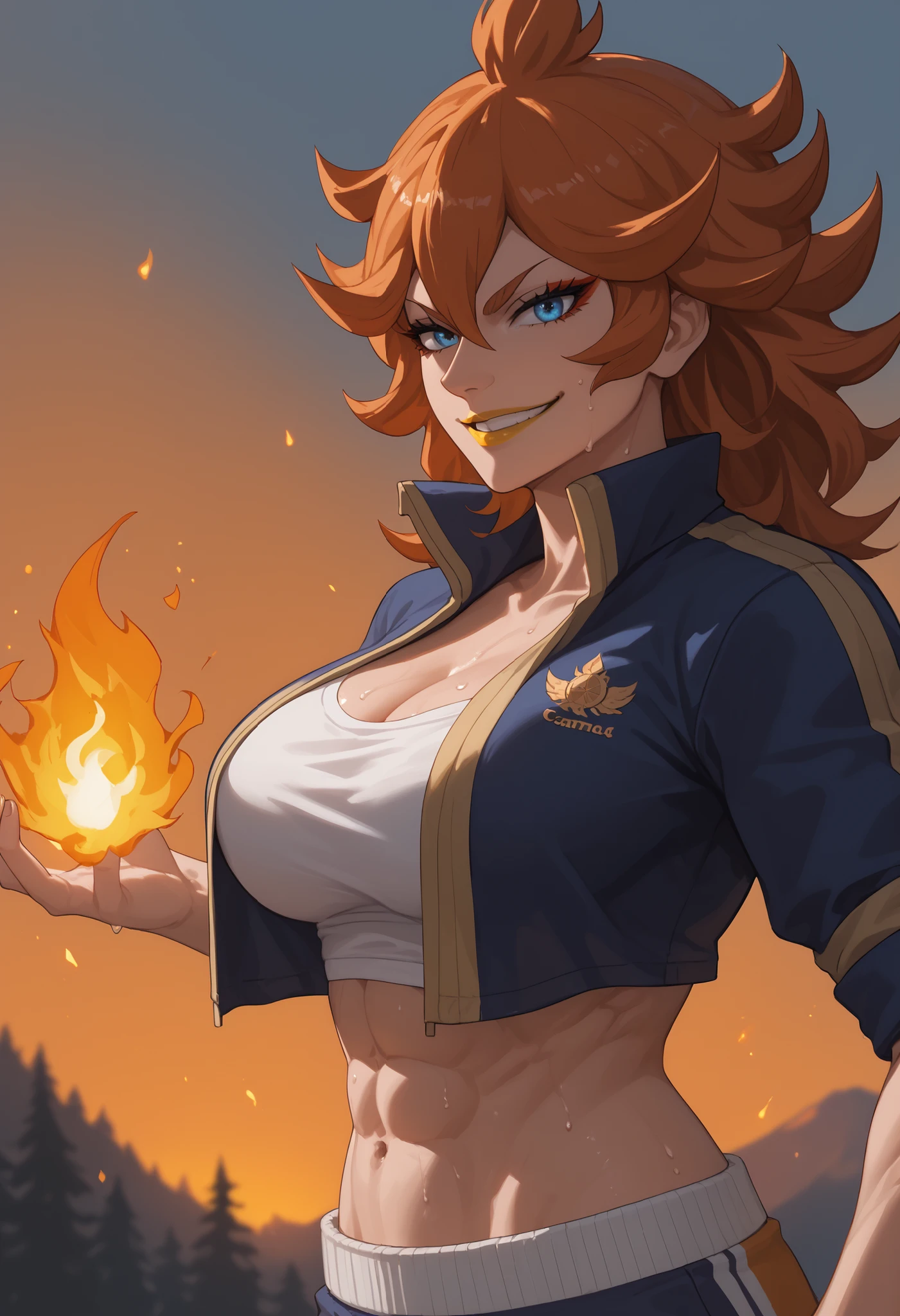 woman, large breasts, anime style, yellow lipstick, white skin, blue eyes, orange hair, strong, strong physique, fire, fighter, side view, sweating, training, looking at viewer, smile, sunset lighting, warm lighting, training camp, fire energy, white band across breasts, exposed midriff, no top, thin waist, open arms, Mereoleona Vermillion