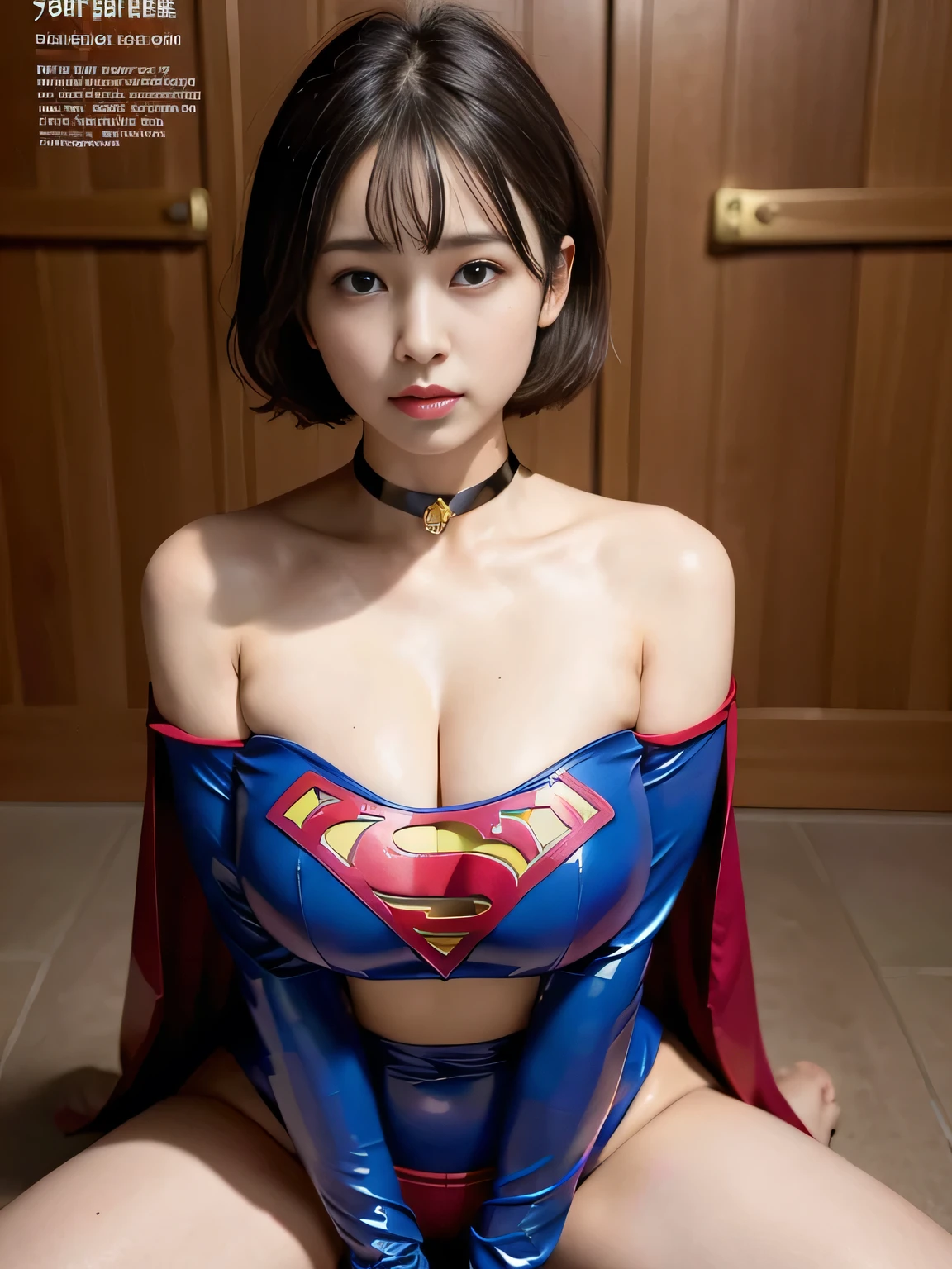 masterpiece、Enamel Supergirl Costume、Short Hair、Hospital operating table、Crisis situation、Big and ample breasts、looking at the camera、Shiny、Off the shoulder、choker、Long sleeve、Red exy poses to seduce、Sweaty、Model Body Type、Alluring、charm、Enchanting、abused、test subject、