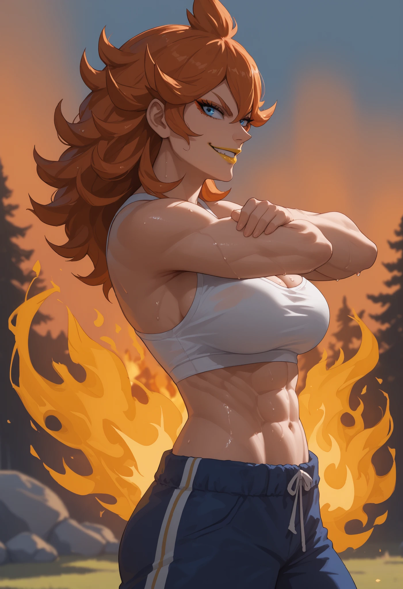 woman, large breasts, anime style, yellow lipstick, white skin, blue eyes, orange hair, strong, strong physique, fire, fighter, side view, sweating, training, looking at viewer, smile, sunset lighting, warm lighting, training camp, fire energy, white band across breasts, exposed midriff, no top, thin waist, open arms, Mereoleona Vermillion