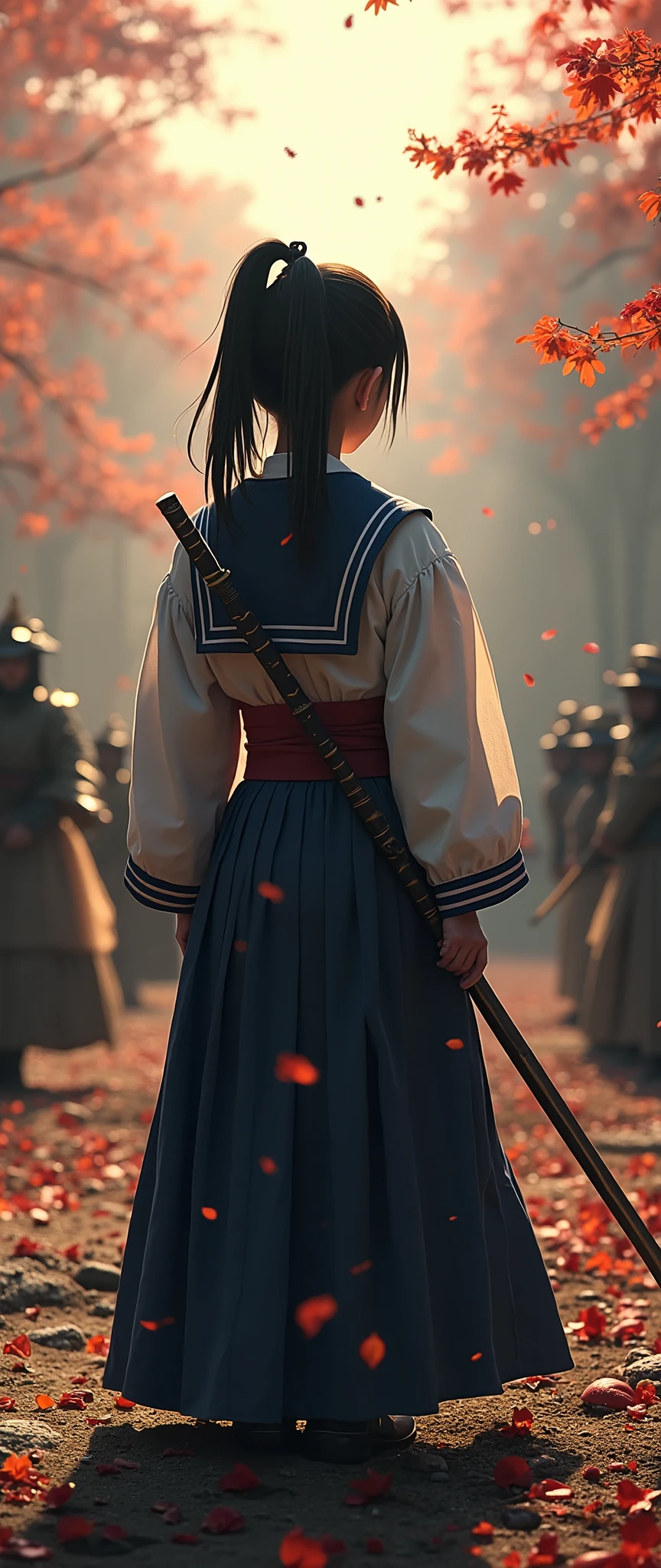 highdefinition image,girl in sailor suit、Surrounded by samurai in the distance、at the kenjutsu dojo