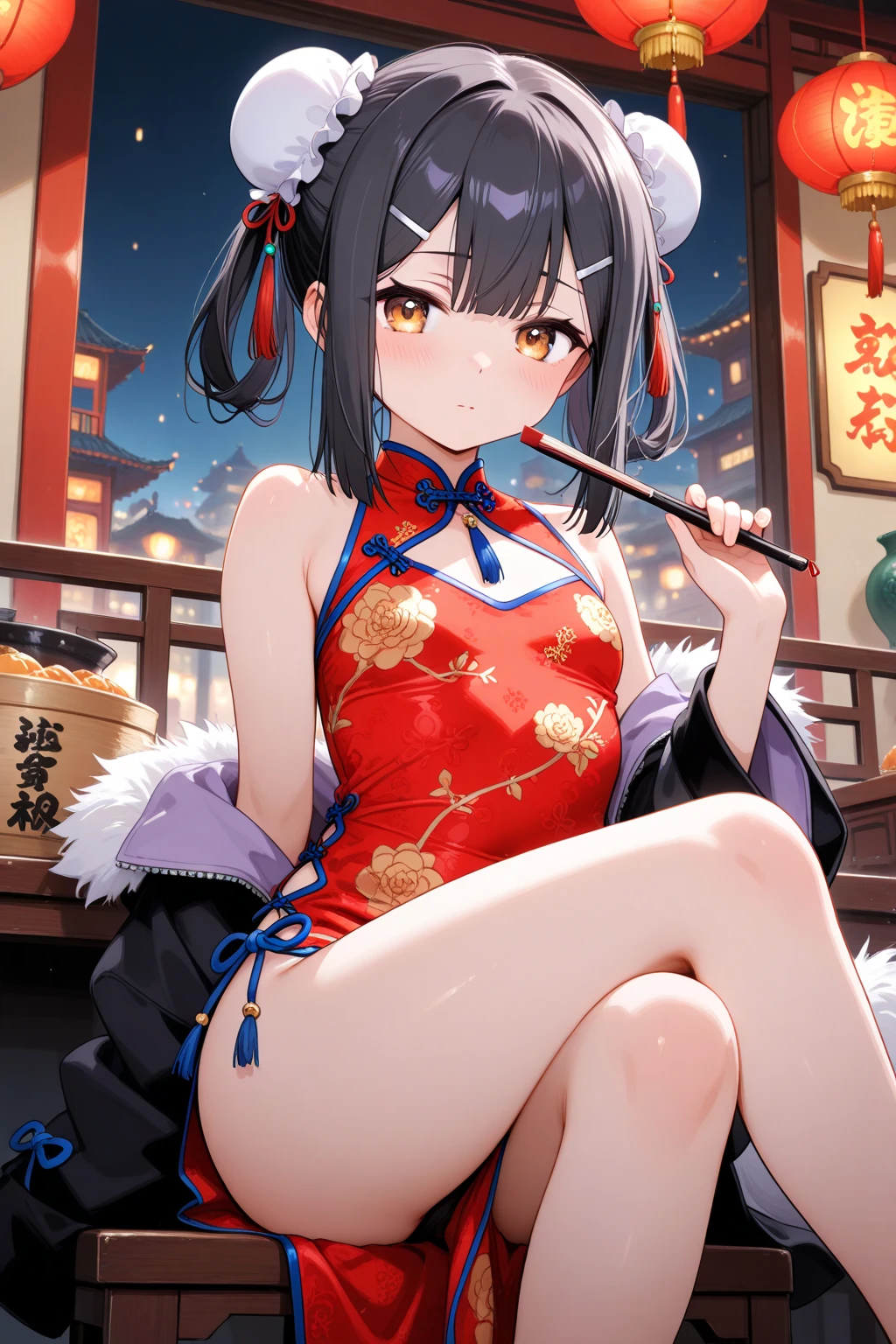 (Photorealistic:1.8, Highest quality:1.8,8K masterpiece:1.8,High resolution,Mastepiece:1.8,RAW Photos,Cinematic lighting)、
Dark Brown Hair、Light brown eyes、D cup size breasts、Long Hair、Updo Style、Updo、Hair Bun、One Girl、A look of deep sadness、(Highly detailed beautiful face)、(Beautiful and cute orchid-style floral kimono:1.5、choker)、(One shoulder is bare.:1.3)、Beautiful fair skin、Sit down、Open your mouth a little、Feet visible through kimono、Weakness Pose、Obscene pose、Japan Kimono、kimono、Place your hands on the floor、barefoot、Crescent moon background shining in the night sky、holding a red rose in hand、Draw a silhouette、leaning against the wall、Spread your legs、Please bend your legs、Black Pink Jenny's pause、leaning against the wall、whole body、Plump、Genitals are visible