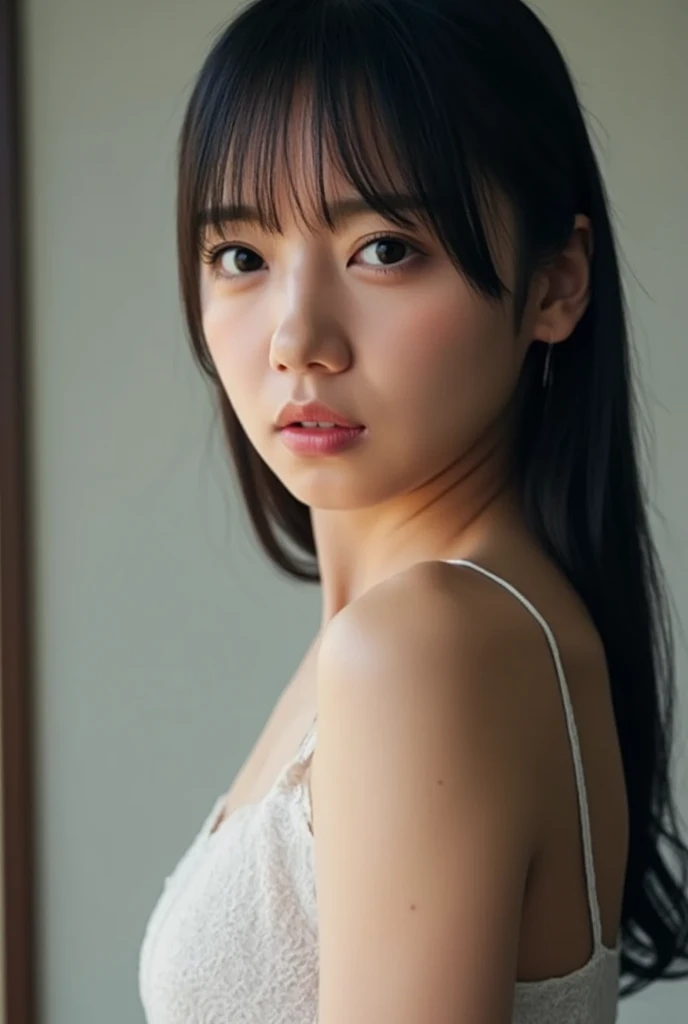 best quality, face focus, soft light, ultra high res, (photorealistic:1.4), RAW photo,
1japanese girl, solo, cute, (pupil, lights in the eyes),  detailed beautiful face, (small chest),(high resolution detail of human skin texture),
(long hair),
indoor,
Damask Shirt Dress,
(portrait)