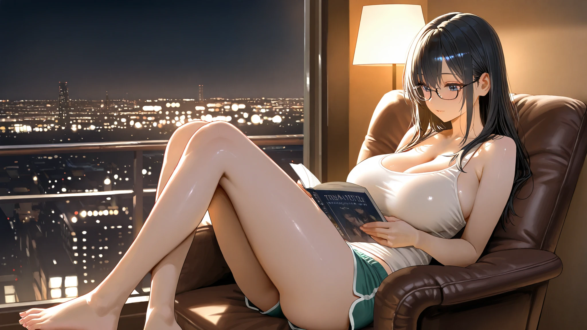 A sexy girl is listening to music by the window. Outside the window is a night city.