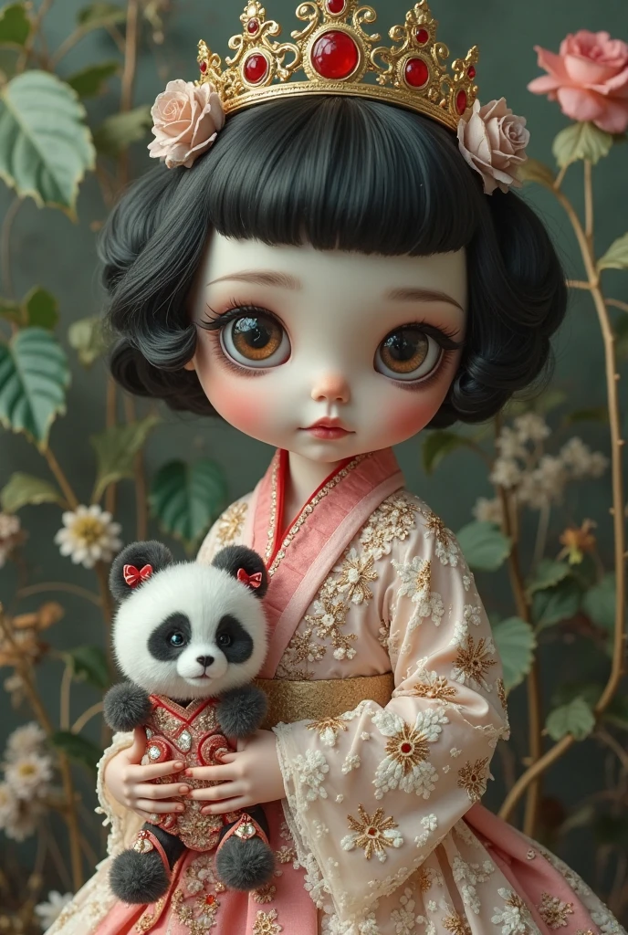 A young Satanichia Karimizhi, With her enormous complacent eyes she looks very attentively at the ants that come out of the tea cups that have geometrically impossible shapes and decorated with fantastic shapes., and showing the fierceness of Chinese Raku Yaki ceramics, everything as if it were a dream by Tim Burto
