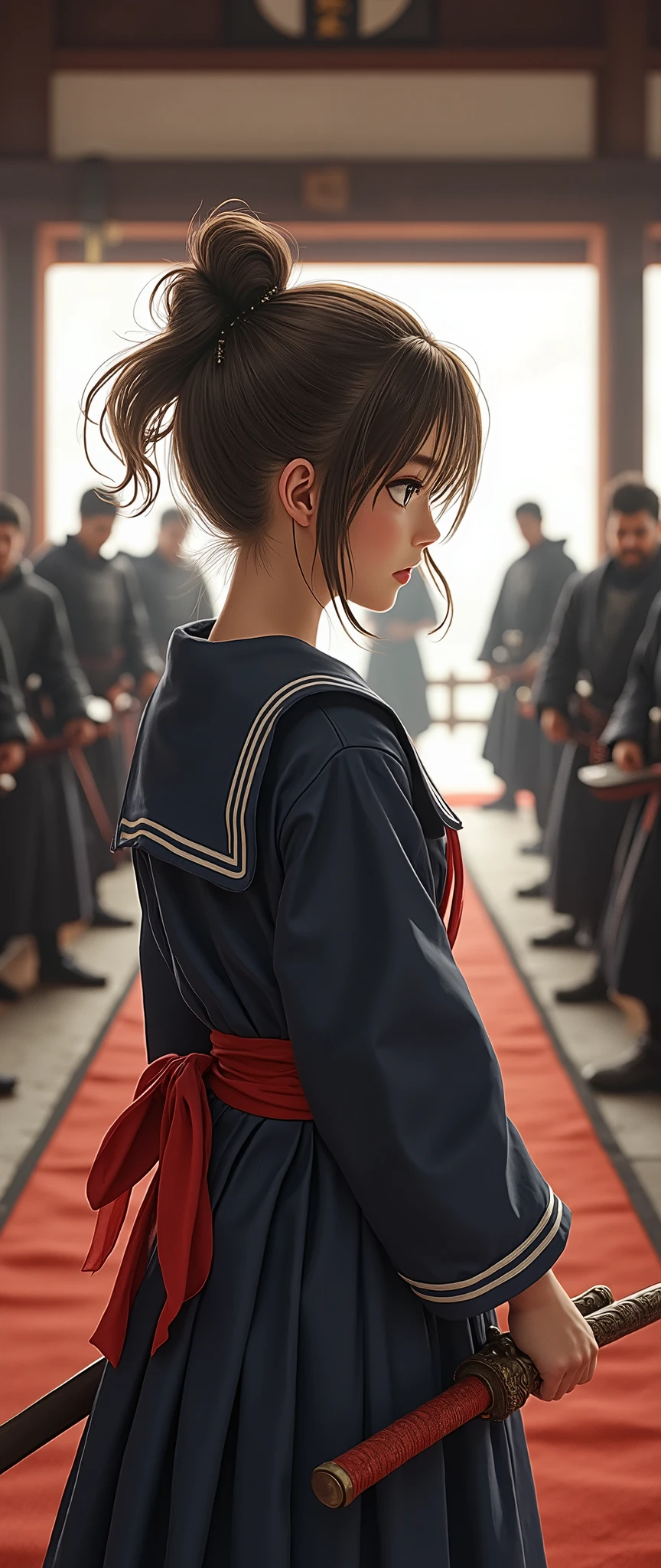 highdefinition image,girl in sailor suit、Surrounded by samurai in the distance、at the kenjutsu dojo
