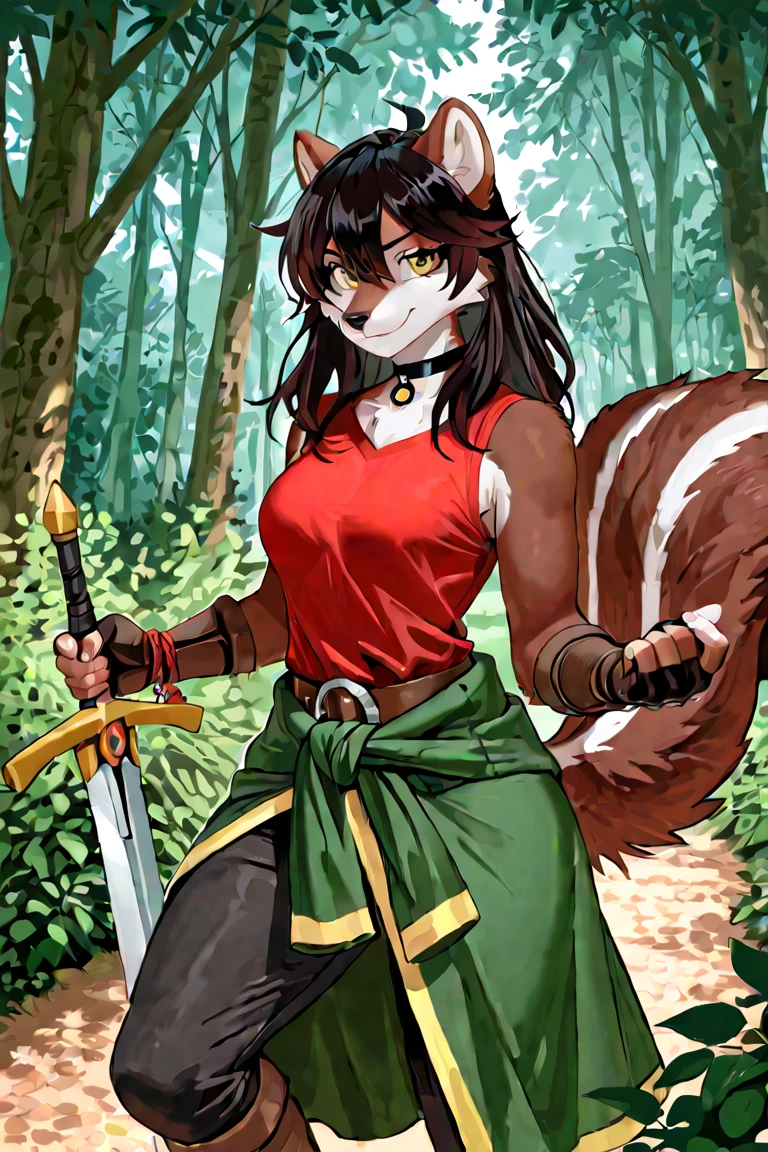 a beautiful and detailed image of meru , merunyaa,(red skin:1.3), horns,clothed,(freckles), flowing white dress,backlighting, field of flowers, holding flower, flower hair accessory, yellow eyes,smile, clouds,in front, alone, pants, medium breast,, knife holding, cloak, cape, walking, pants, solo, flip flops boots, full body, big breast, pullover, forest, tree