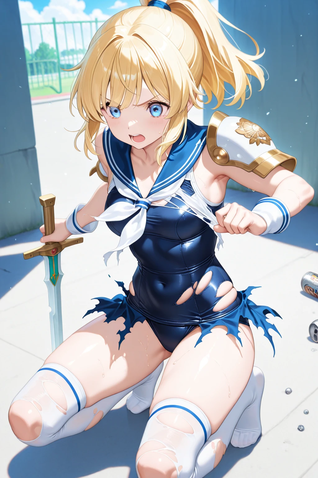 masterpiece,(ultra-detailed),1girl, mysterious heroine xx \(fate\), half_eyes,smile,open mouth, swimsuit, white bikini, side-tie bikini bottom, shrug \(clothing\), jacket,  thigh strap, wristband,  large_breasts, ocean, splashing,blonde_ponytail,open_legs,cap,happiness,standing,