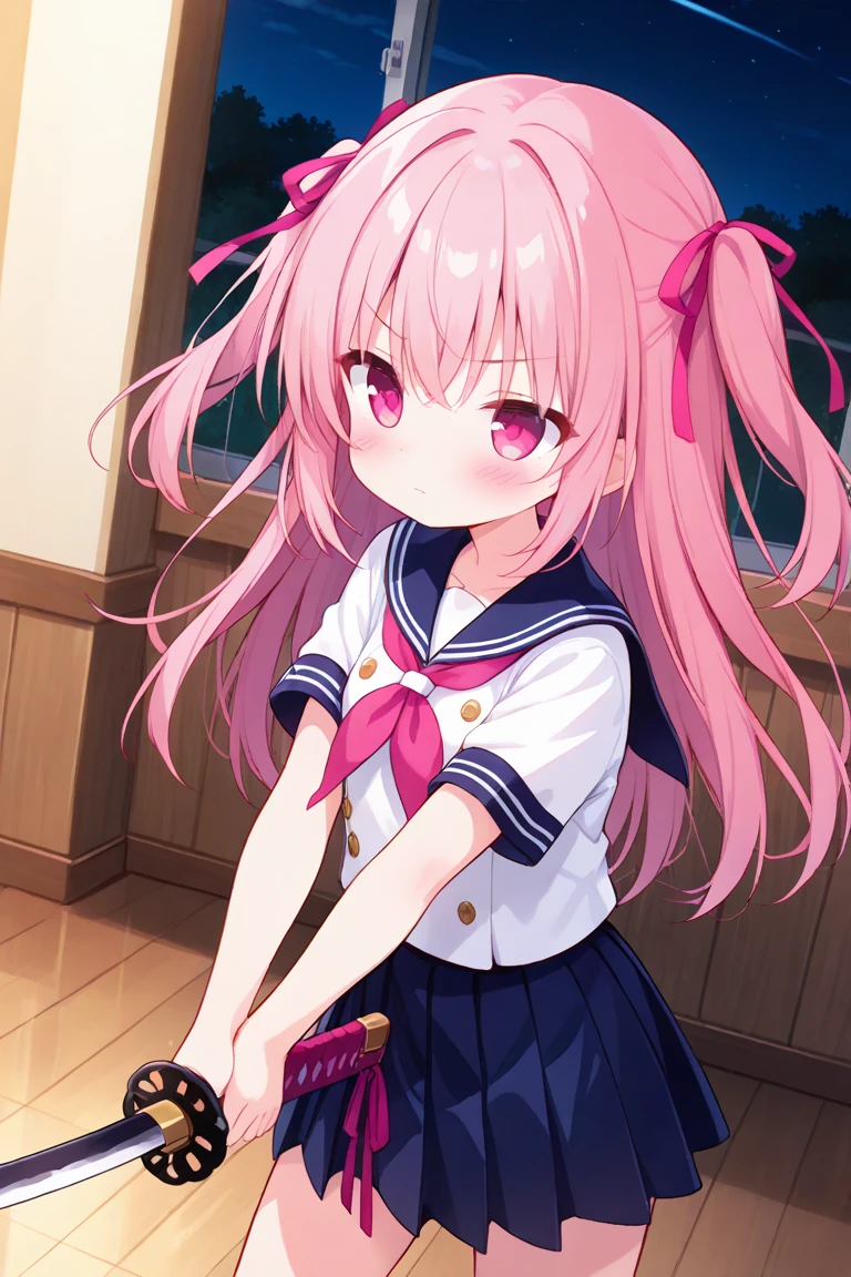 (masterpiece、Highest quality、Super detailed)、((One girl))、((Pink Hair))、((Twin tails))、((Light blue eyes))、evil smile、((Open Mouth))、((Sticking out tongue))、((lots of piercings))、((Very large breasts))、((serafuku))、Short sleeve、((Navy blue pleated skirt))、((facial))、((cum on tongue))、((cum on hair))、((cum on head))、kneeling、Fold your arms behind your head、ass pov、Shoot from above、Gym storeroom
