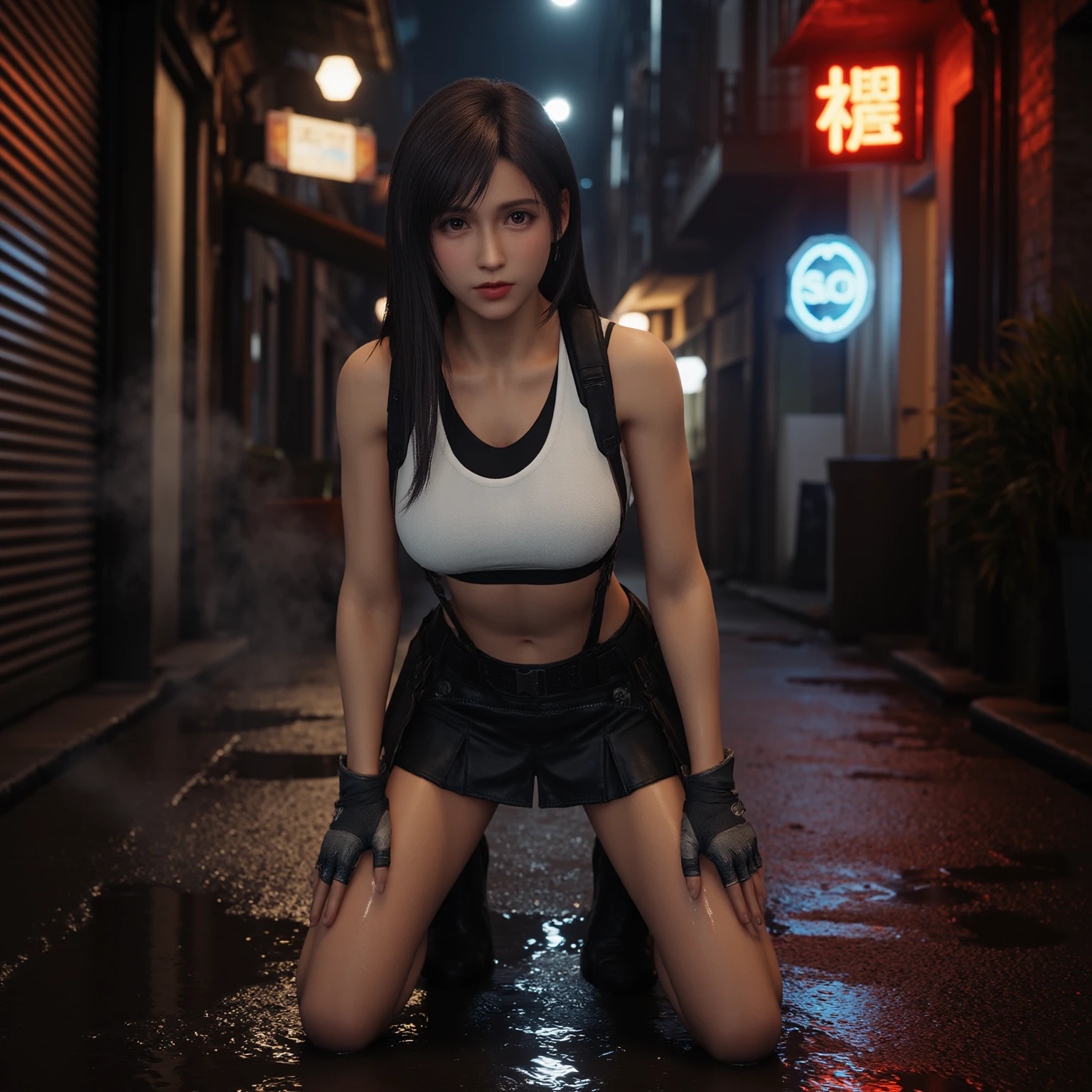 (best quality,ultra-detalhado),(Realistic:1.37), "Tifa Lockhart", Rosto bonito e detalhado, maquiagem preta nos olhos, textura ultra realista, rosto delicado, cute smile expression