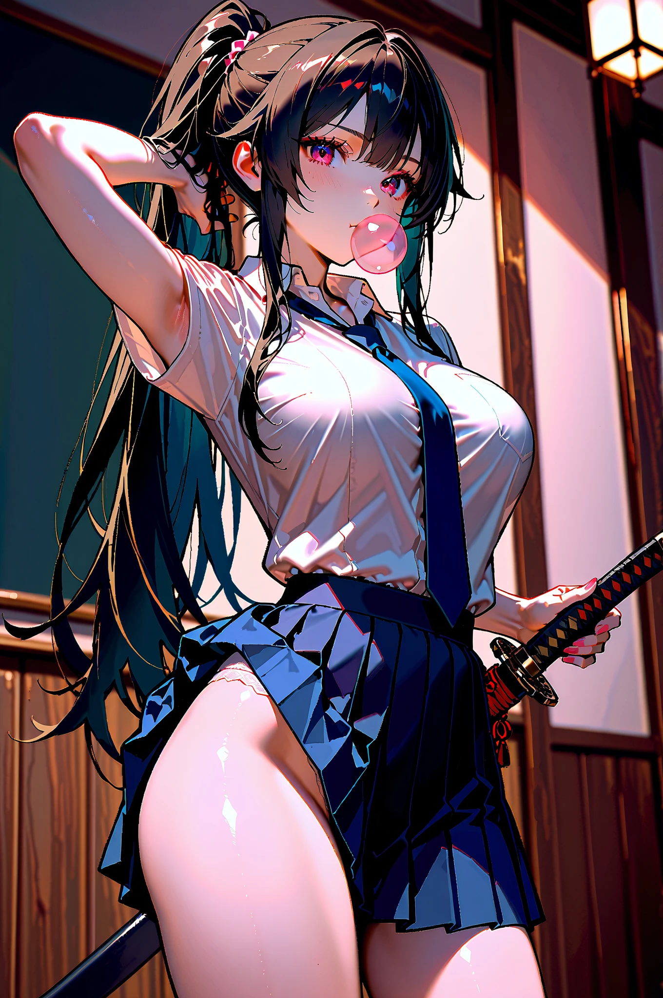 (masterpiece, best quality:1.2), cowboy shot, solo, 1girl,yui kotegawa, sexy outfit, NSFW, nip slip, lewd, revealing outfit, big breasts, katana, sexy back, sleeveless, minimal clothing, beautiful, wardrobe malfunction, looking at viewer, absurdres, high res, ultrasharp, 8k, masterpiece