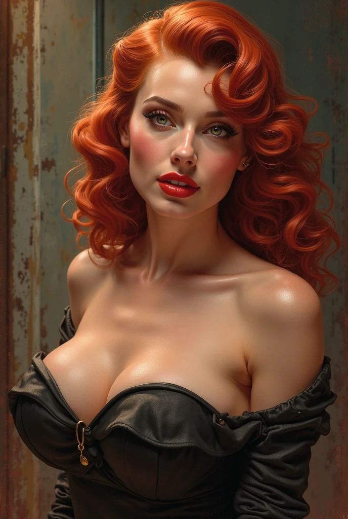 gorgeous woman, vintage pin up, topless, open leather jacket, red hair, cleavage, leather hot pants