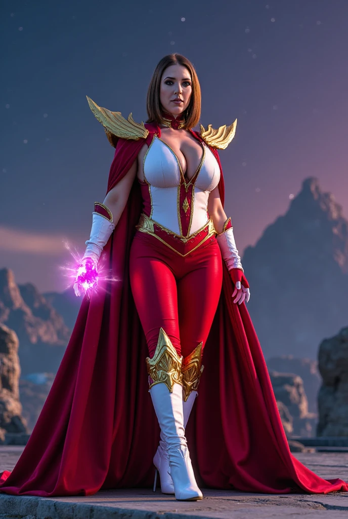 Bryce Dallas Howard, red hair, wearing (warrior nun, superhero tight suit)1.2, (cleavage with gold Christian-cross necklace between natural boobs)1.4, (beautiful detailed face), (stylish bob haircut)1.2, natural breasts, (stacked boobs), (braless) (pokies)1.2, full body with visible face, (full sharp, sharp focus)