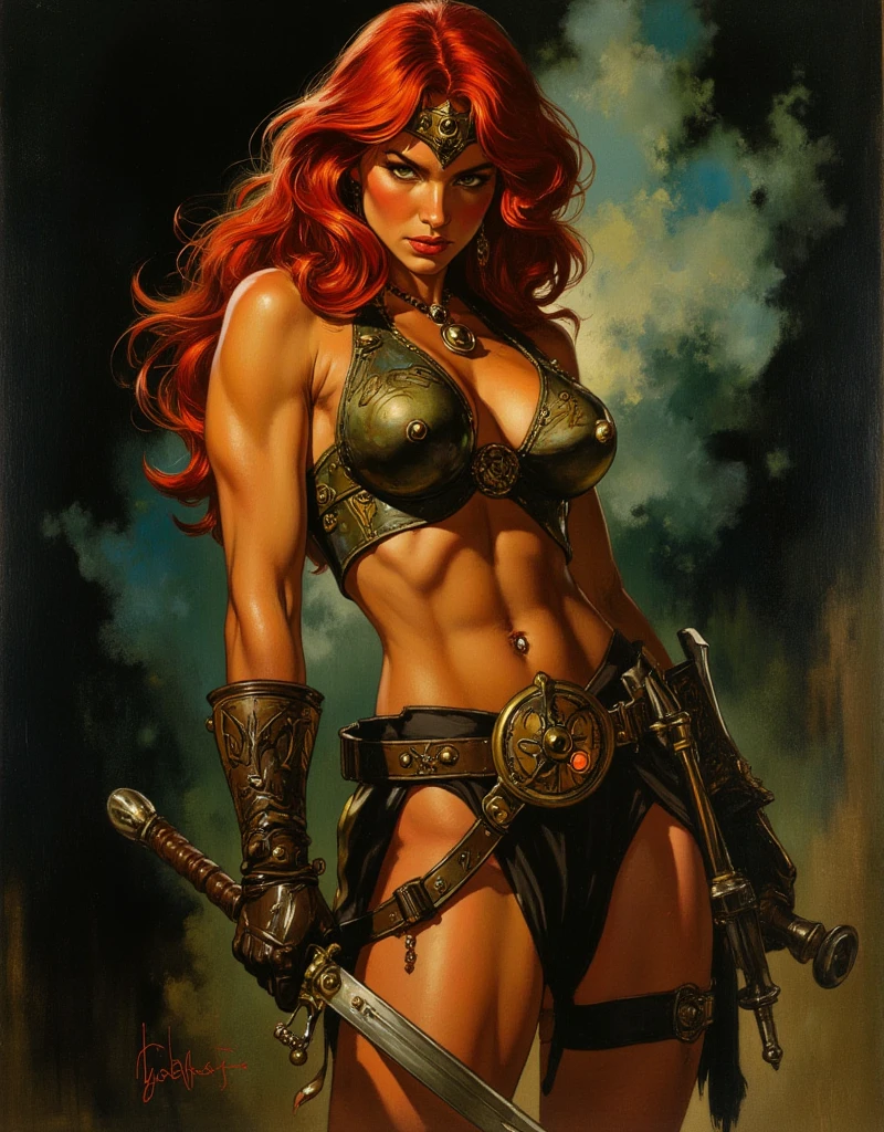 battlefield background, wartorn environment, red hair, long red hair, thigh strap, armor, chainmail, armored bikini, brown gloves, red sonja, green eyes, showing armpits, raised arms, arms up, arms behind head, posing, solo, masterpiece, shaved armpits, chainmail bikini, groin, silver armbands, perfect proportions