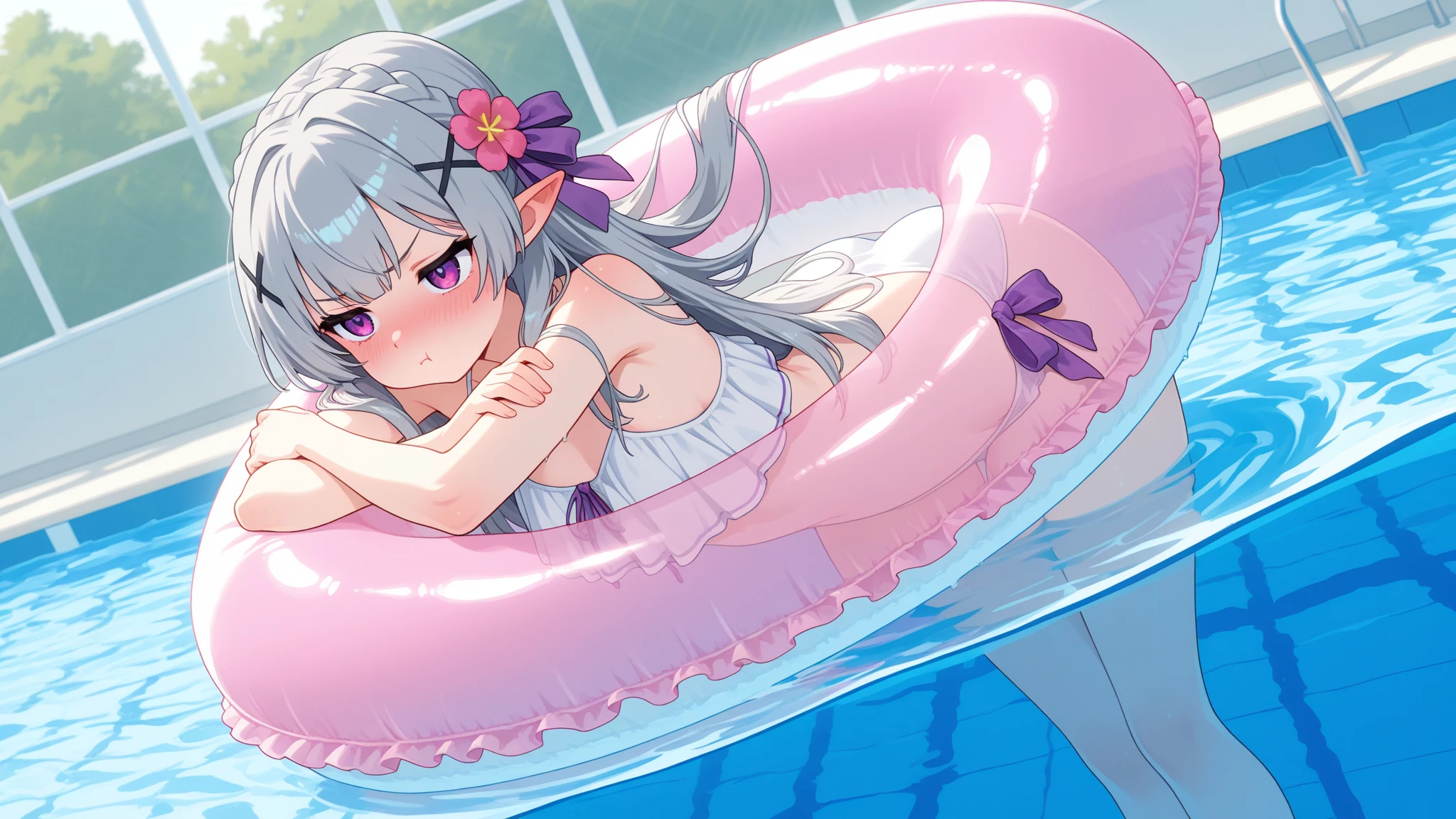 Long Hair, chest, View your viewers, blush, smile, Open your mouth, bangs, blue eyes, 大きなchest, Knee socks, gloves, ribbon, belly button, chestの谷間,  Transparent swimsuit, whole body, Gray Hair, 巨大なchest， (巨大なchest: 1.8), Green Hair, horn, Pointed Ears, Blunt bangs, Raise your arms, (１People Women),  (Side tie bikini bottom), (Transparent micro bikini), (（White tiny micro bikini）), Wave your hands, close your eyes, Tears in the eyes、Open your mouth, What saliva leaves behind, Wet skirt hem, Sticky panties, Bulging of the vibrator cord, Vibrator with Garters, 