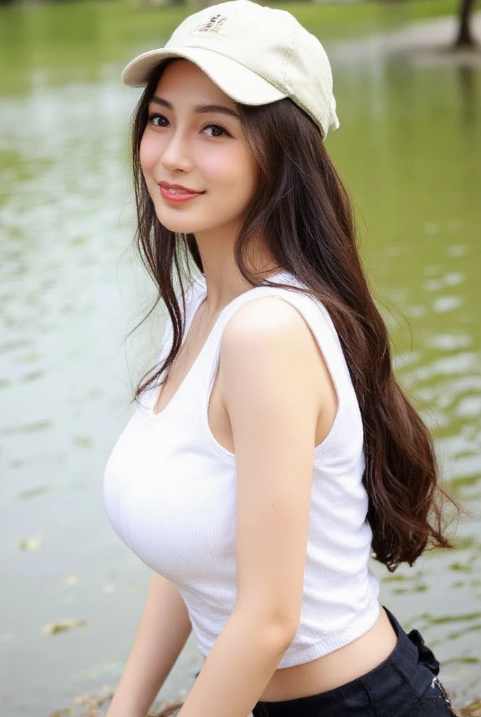 masterpiece、Highest quality, Ultra-high resolution、8k,photograph、1 girl, (Skin dents), (Large Breasts:1.4), bright, Blurred Background, (Asymmetrical bangs, Please comb your hair、very long wavy hair:1.5), (Floating Hair:1.0)、(Loose fitting blouse)、(Loose chest)、(Sunburn marks on chest)、(Deep cleavage)、(soft, drooping udder)、(The best smile that makes people happy)、(Her big, round, upturned eyes are super cute)、(grassland、Spring Sky、Soft sunlight)