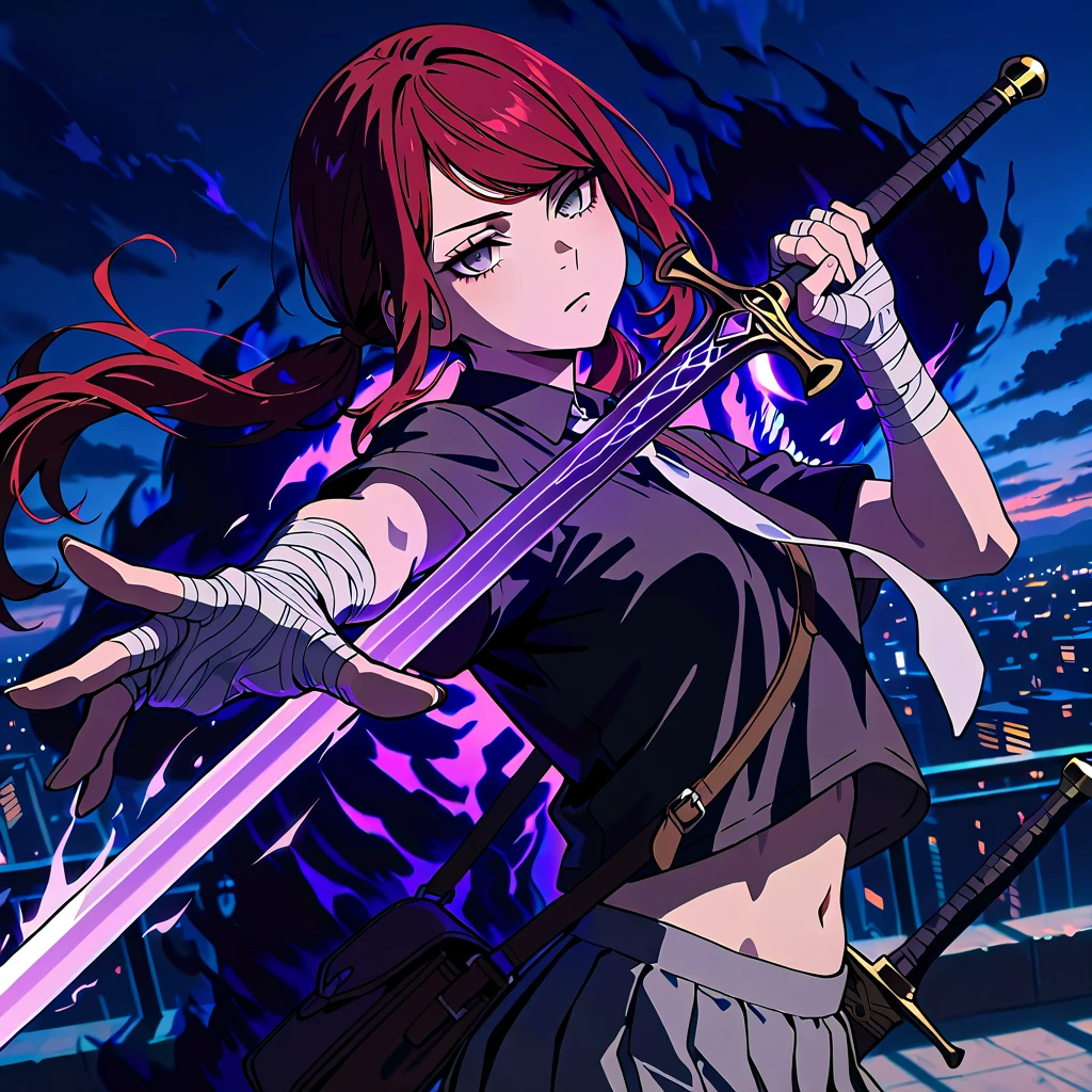 1girl,red hair,O cabelo multicolorido,Purple eye,Katana in hand,Sideslit,light particules,the wallpaper,full bodyesbian,half squatting,Grand Canyon in the background