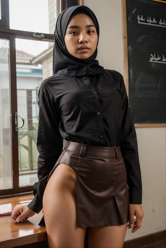 (portrait) (full body photo), back view,,A gorgeous matured teacher (stood) next to a chair,((35 year old)), ((malay women)), curvy fit body shape, bigger ass, gluteal,busty, huge thighs, (wore stockings),((garter belt)),((hijab)),(wedding veil), school classroom, pov, solo, single, (NSFW), bare shoulder, skin texture, ultra high res, RAW, instagram LUT, masterpiece, best quality, ultra-detailed, ultra high resolution, RAW, 4k, (looking at viewer), extremely detailed eyes and face, (beautiful detailed nose), (beautiful detailed thigh), (beautiful detailed eyes), perfect body proportion, (looking at the camera), smirk, red lips, (bare belly's),((uncensored vagina:1.2)),ceramic floor