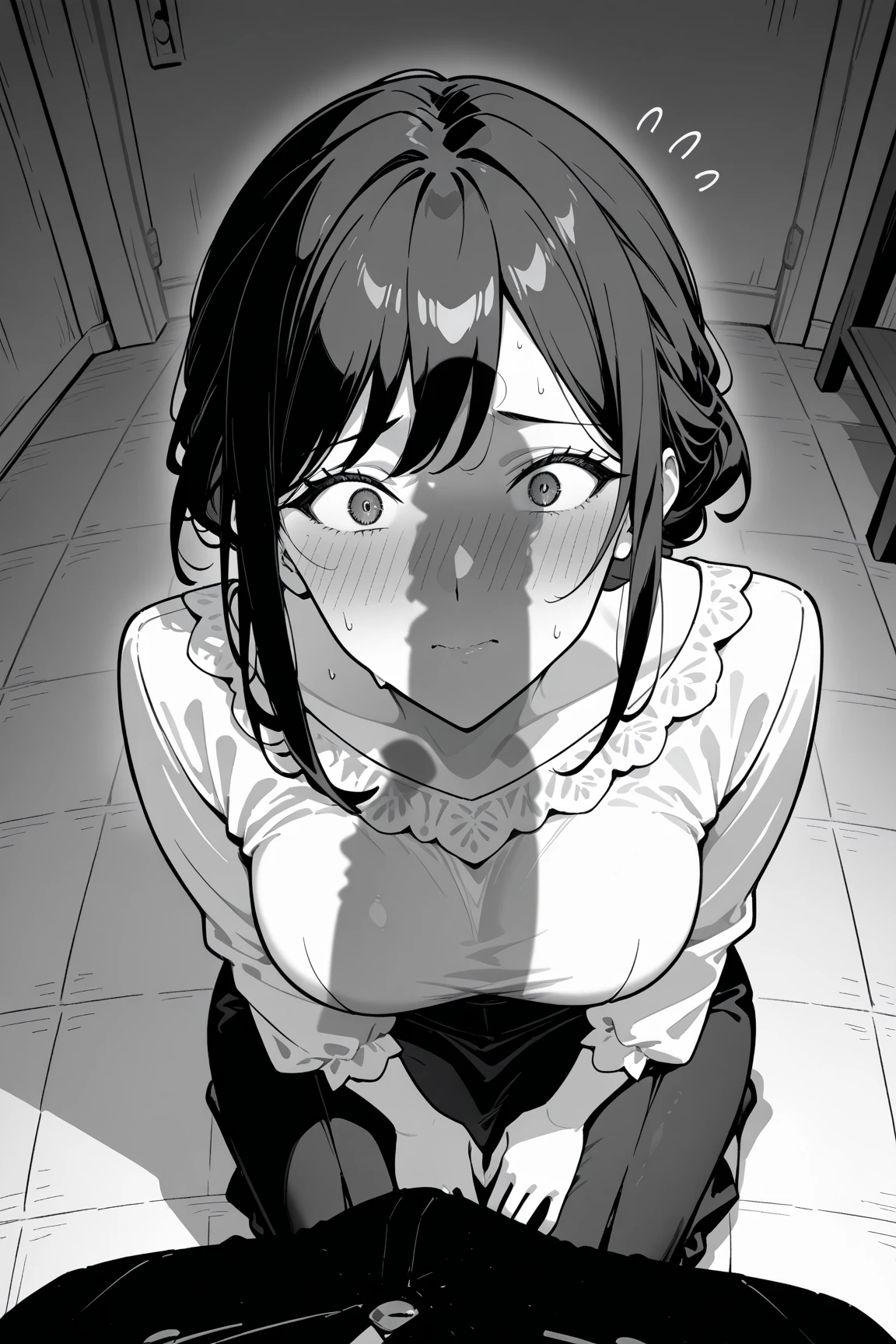 A sexy women, crying, large breasts, blood, wall in background, black and white manga image.