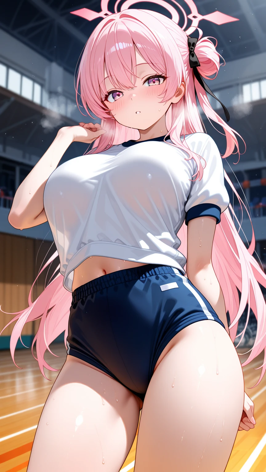 muste piece、masterpiece、highest quality、Super detailed、High resolution、8K portrait、High definition CG of Unity 8k wallpaper、cute type little:1.5、Lori:1.5、Highly detailed CG unity 8k wallpaper、Realistic、real person、 portrait photography、shiny skin、High definition、(16 years old:1.2)、(1 girl)、beautiful clear eyes、extremely detailed description、delicate face、nice lips、slender body、(thin waist)、thin legs、(Atlantic stadium track:1.6)、1 girl, cute type, perfect face, seriously, (blush:1.5),(pink hair twintails:1.3),(flat chest:1.4),((short sleeve gym clothes:1.2)),((clothes lift:1.5)), ((half nude:1.3)),((?????? in vagina:1.5)),(looking at view:1.2),(from front:1.2),gran,(hands behind head:1.3)