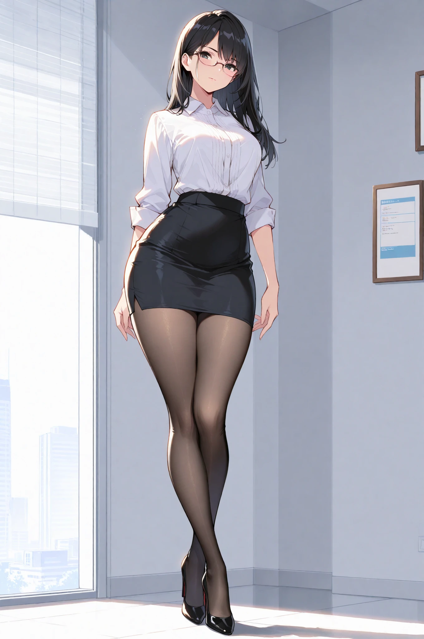 black lence stockings,high-heels,Skirt that wraps hips,Look up,Open-mouthed