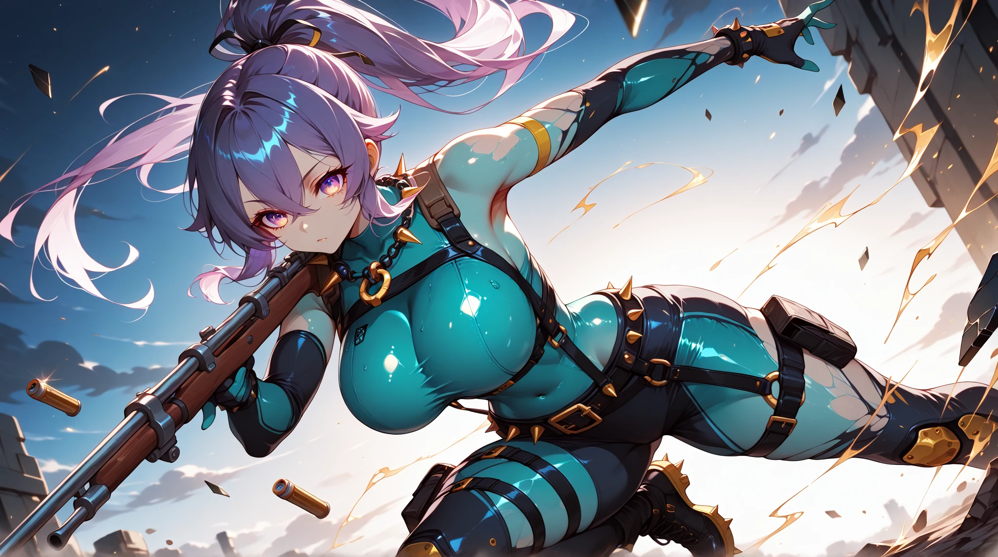 Full body armor shattered,Blue short hair,Beauty,Sexy,Large Breasts,In battle,Sweat,fire,lipstick,Wave hairstyle,lightning