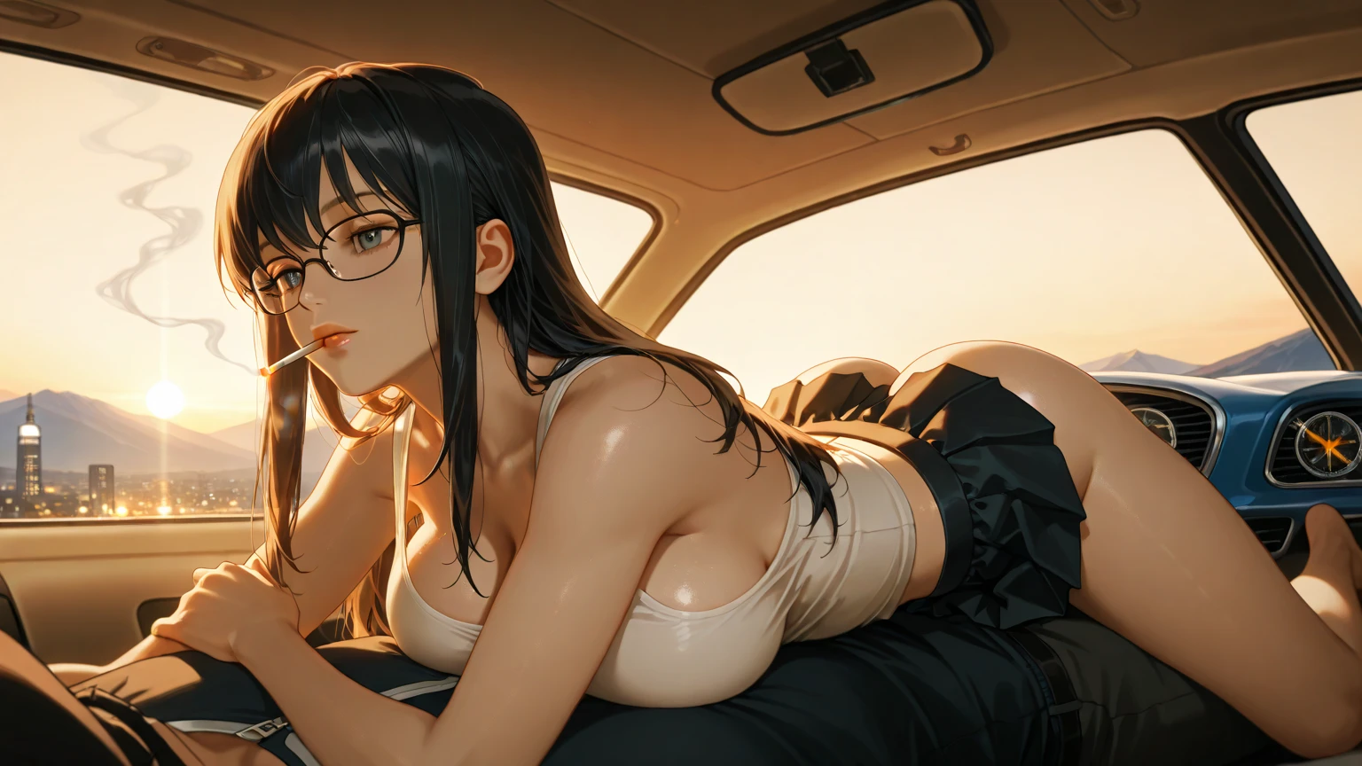 2 Asian girls, both farting together side by side, desperate to poop, farting while sitting in car, sitting down, wearing swimsuits, stomach bloated, hangs holding stomach, pained expression, shocked and embarrassed, mouth open in shock, sweating, blushing, beautiful and cute face, anime art style, fit body, tall and thin, view from back