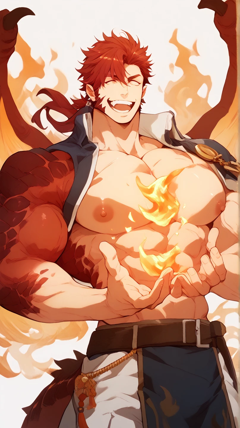 wilnas, granblue fantasy, (masterpiece:1.5), (best quality:1.5), (high quality:1.5), (solo:1.27), (muscular male:1.27), (bara:1.27), satisfaction, happy, pleasure, (dynamic angle:1.21),(dynamic hair:1.27),(detailed pupils:1.21),looking at viewer, (dynamic pose:1.15), (beautiful detailed hands:1.21), illustration, (cinematic light:1.15), ultra detailed, (disheveled hair:1.34), (big bulge:1.2), (large pectorals:1.3), pectoral cleavage, sidepec, (abs:1.3), (thighs:1.3), (bulky:1.2), novel_illustration, anime_screencap, (valentine:1.4), (apron:1.3), cooking flaming, chocolate, (see-through, micro lingerie:1.5), flaming sword, explosion, male focus, fire, fiery wings, fiery hair, flame, pyrokinesis, breathing fire,