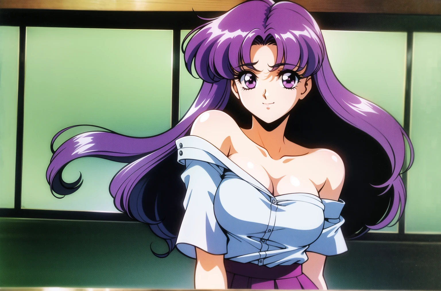 1个Giant Breast Girl, Alone, long purple hair, nedium breasts, looking at viewert, smile, By bangs, The shirt, a skirt, exposed bare shoulders, Keep your mouth shut, a blue eyes, 鎖骨, white  shirt, The upper part of the body, Purple colored hair, short- sleeved, side locks, Shiny, cropped shoulders, Parted bangs, curlies, off-the-shoulder shirts, retro artstyle, 90s of the 20th century (styled), 80s of the 20th century (styled)